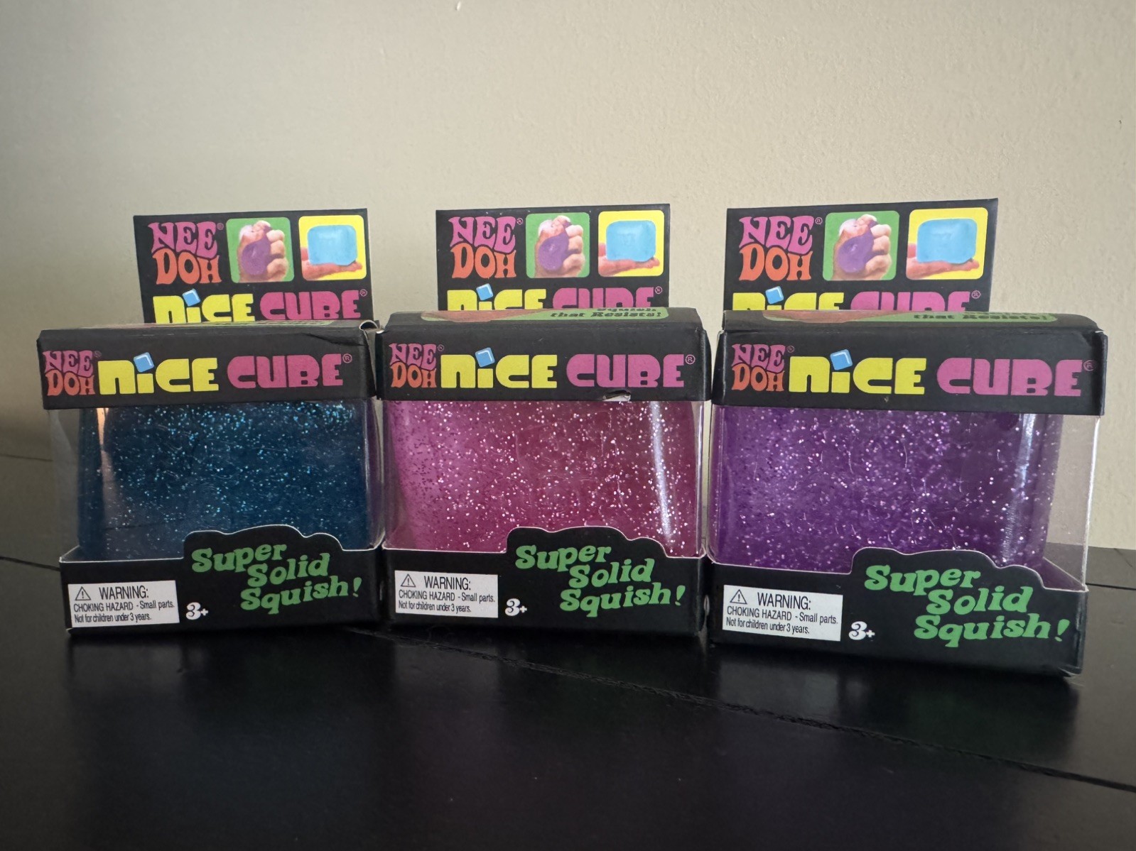 NIB Nee Doh Nice Cube Blue Purple Pink Glitter, Lot of 3 Squishies Fidget Toys