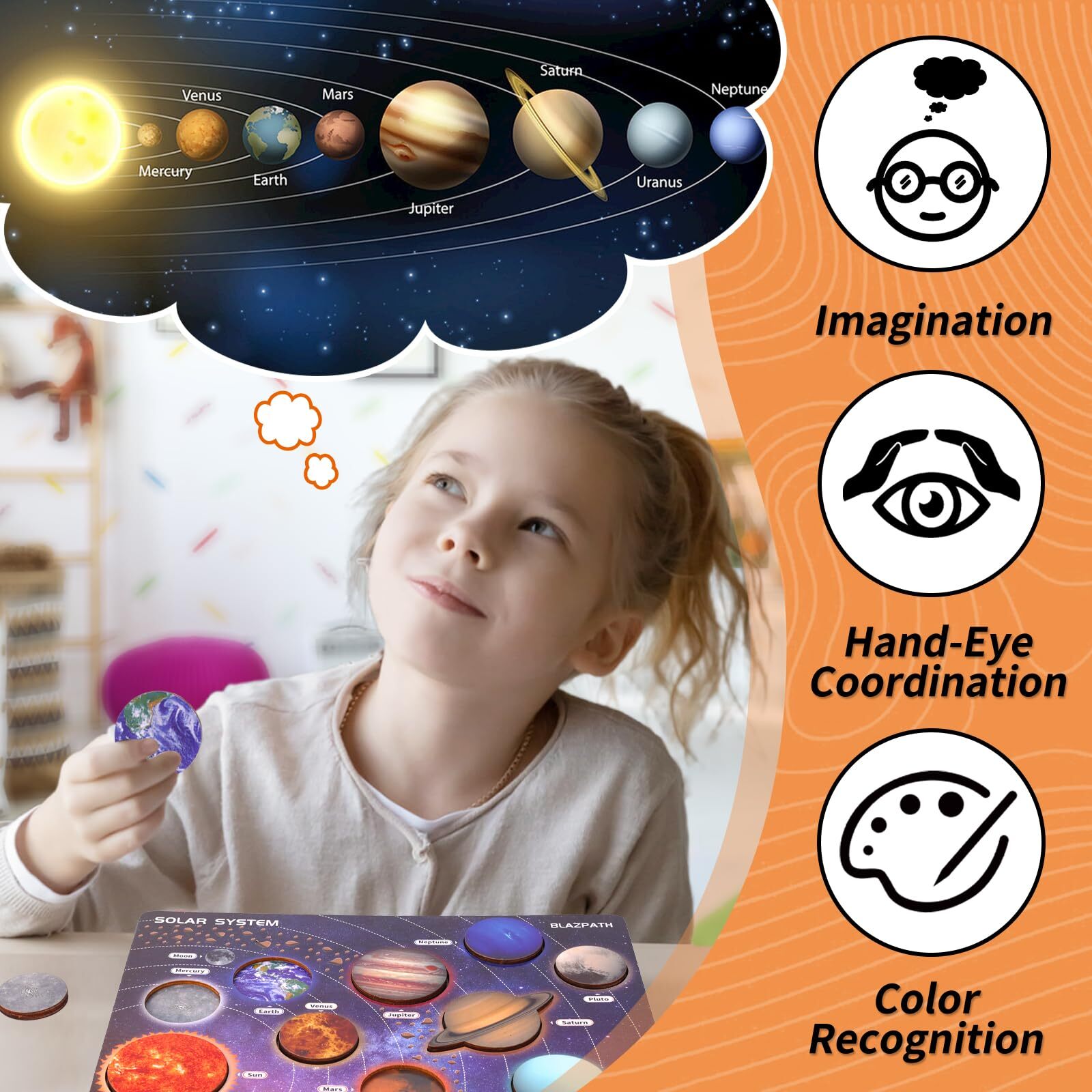 Wooden Solar System Puzzle for Kids 3-5 Montessori Planet Match Sensory Toy