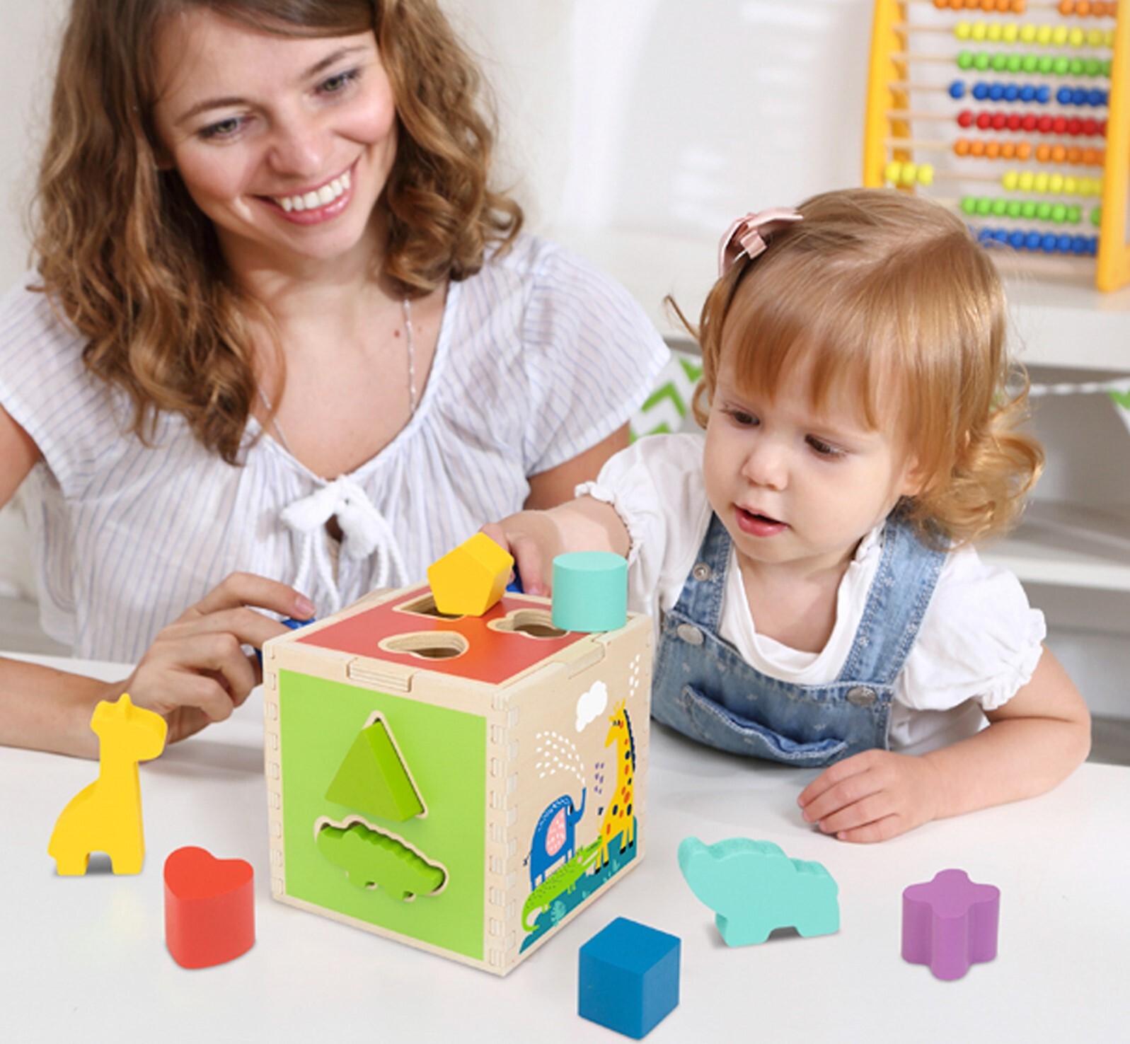 TOOKYLAND Wooden Shape Sorting Cube – Toy with Animal and Geometric Blocks, 12m+