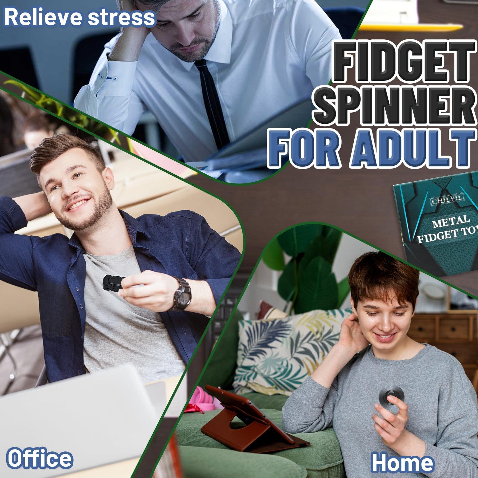3-in-1 Fidget Spinner Toy for Adult Metal Slider Clicker Small, Silver