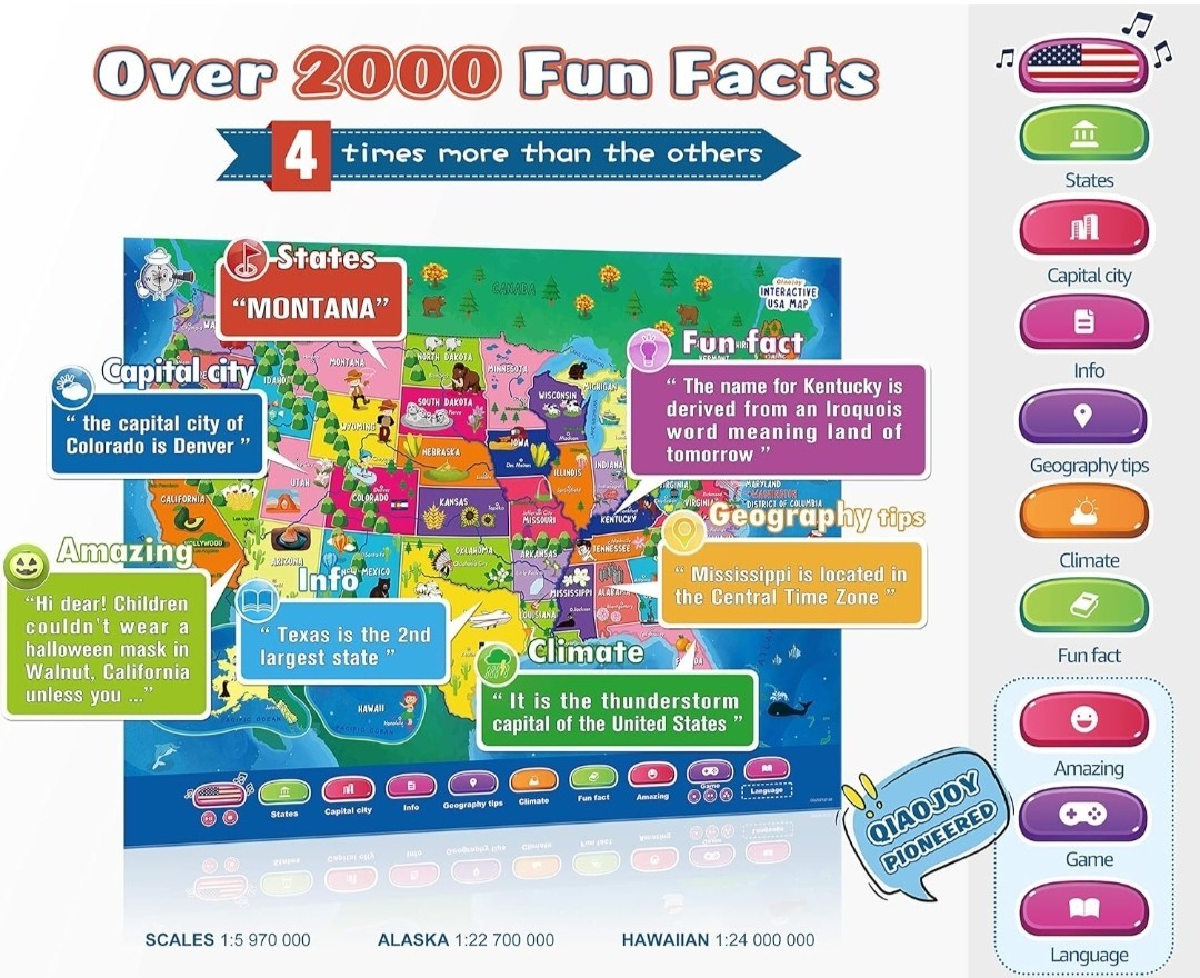 Bilingual Talking USA Map & Dinosaur Learning Poster for Kids Ages 3-12.