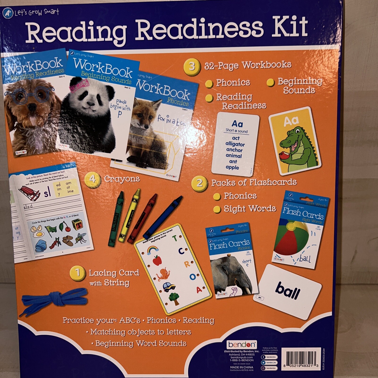 Reading Readiness Kit Bendon 3 Workbooks, Crayons, Flash Cards Lacing Card, NIB