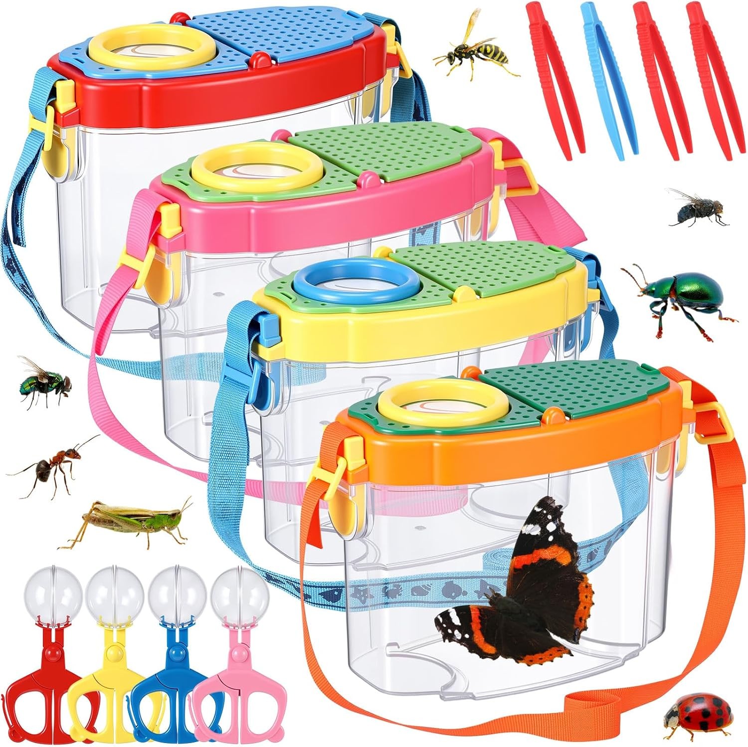 Halloscume 4 Set Bug Catcher for Kids Bug Viewer and Insects Tweezer for Student