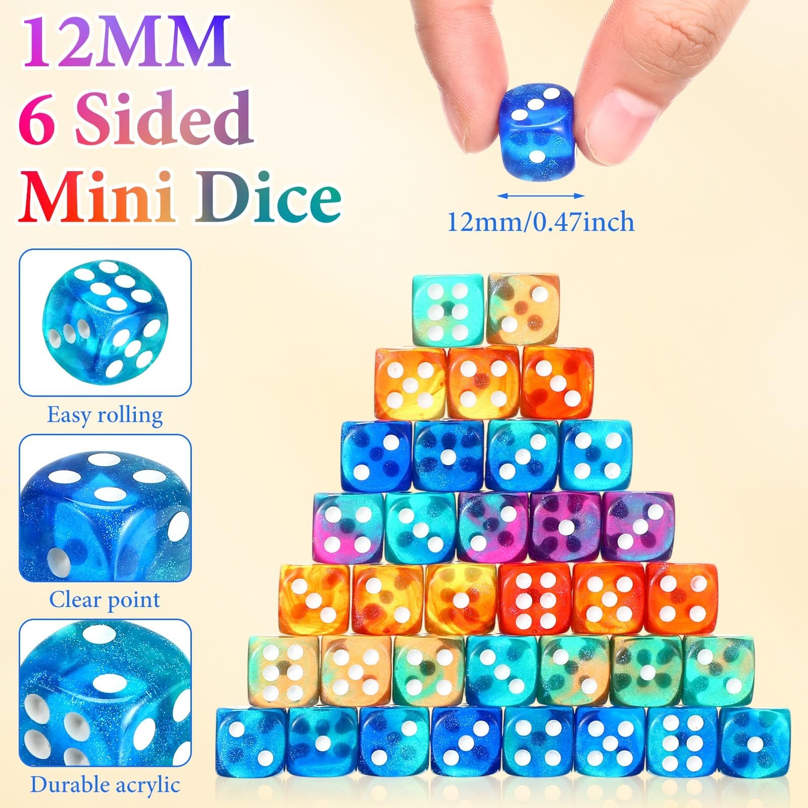 144 Pcs 12mm 6 Sided Mini Dice Set for School Classroom Table Games D6 Game S…