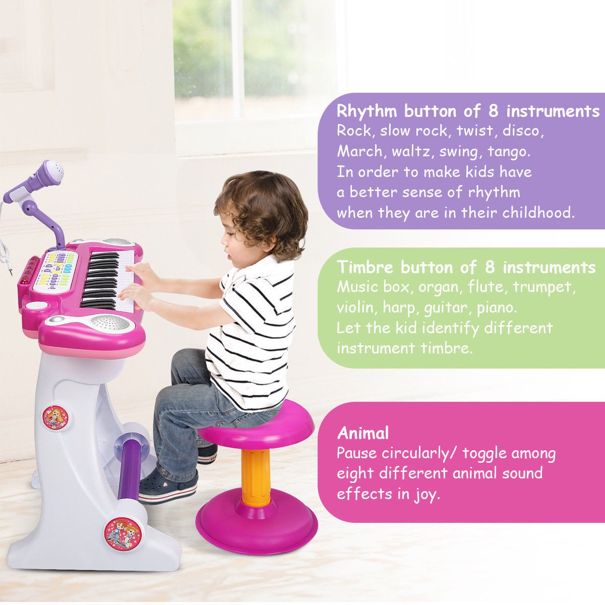 NEW Kids Electronic Keyboard 37 Key Piano Musical Toy w/ Microphone & Stool Pink