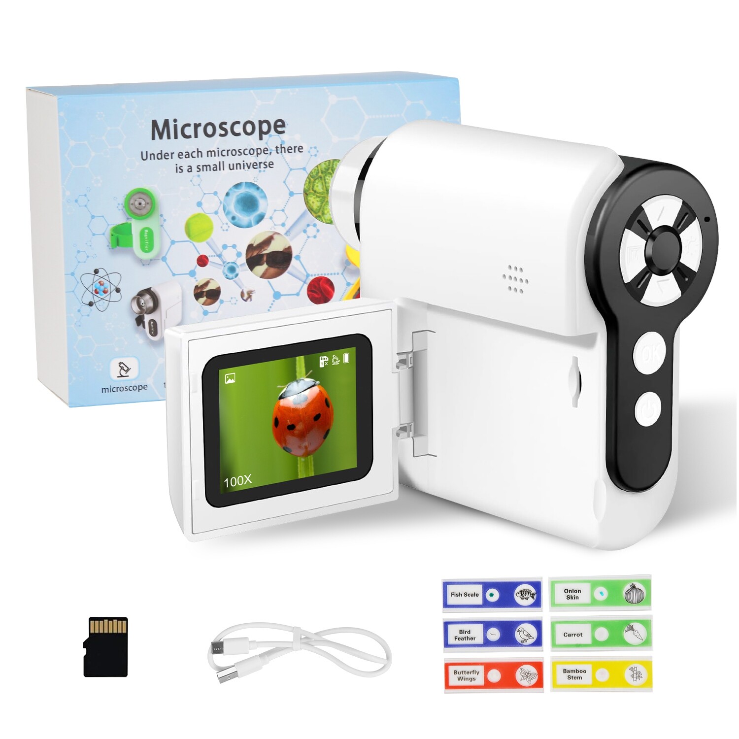 4K Kids Microscope 2″ IPS Screen 1000X Handheld Digital Microscopes 32GB Card