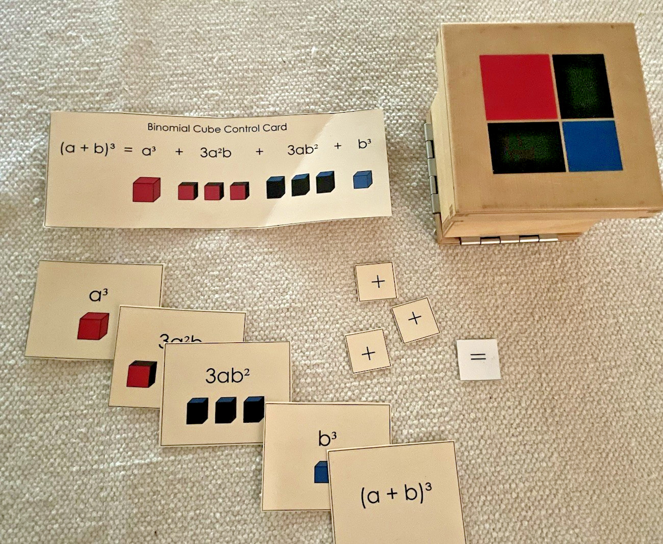 Montessori Binomial Cube w/ Equation and Control Cards for Math/Sensorial Shelf