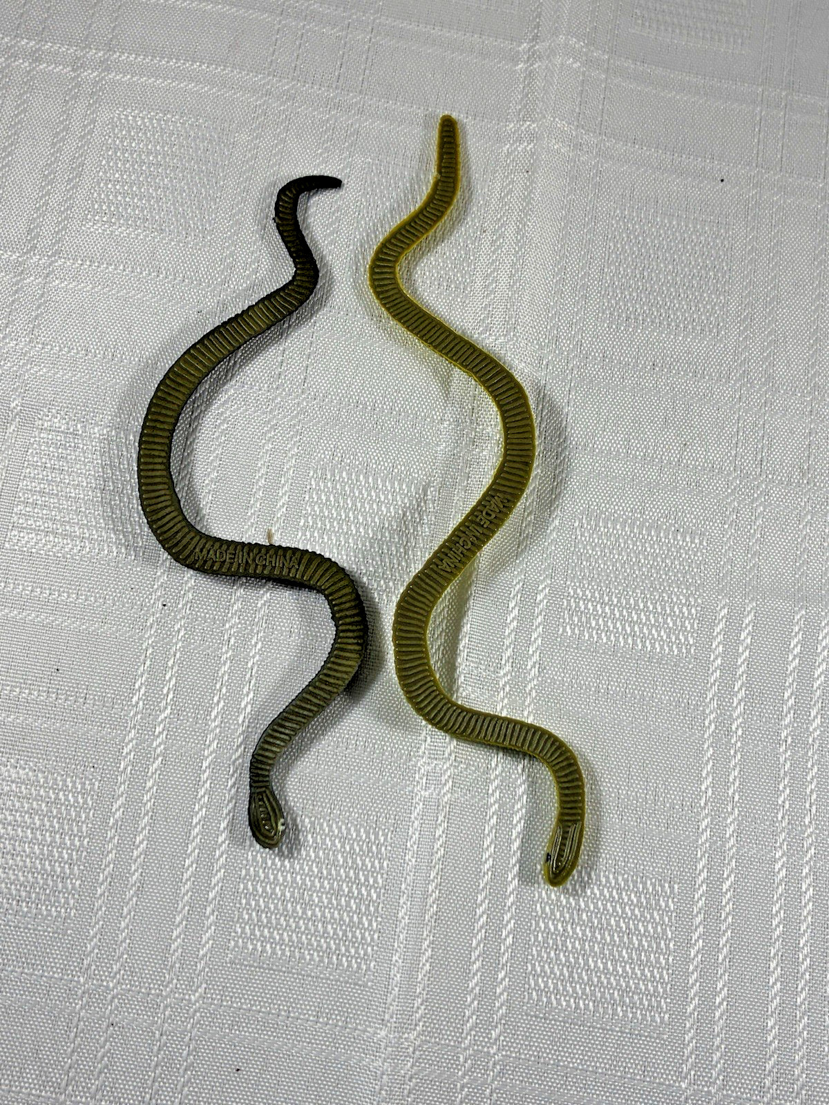 Plastic Toy Snakes Lot of 2 Black w/ Red Spots & Green/Yellow Approx 6 in