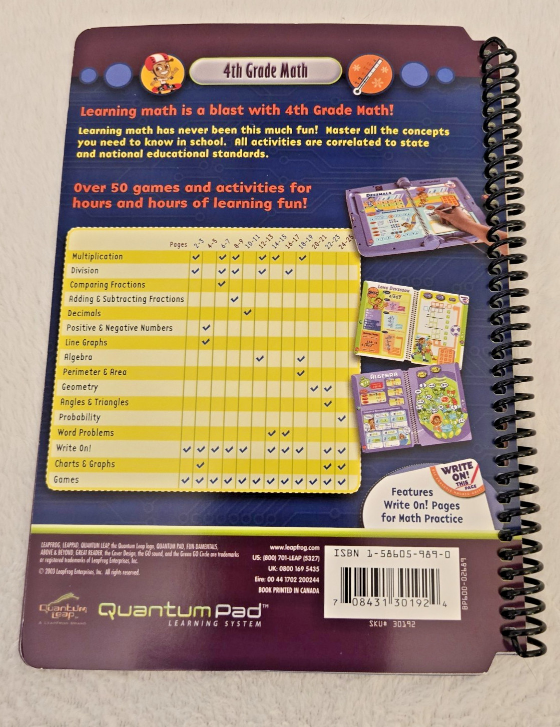 Leap Frog Quantum Pad 4th Grade Math Book, Cartridge Erasable Marker 9yrs+