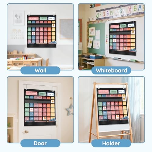 Pocket Chart with 97 Educational Cards, Large 20″x23.6″ Rainbow Calendar