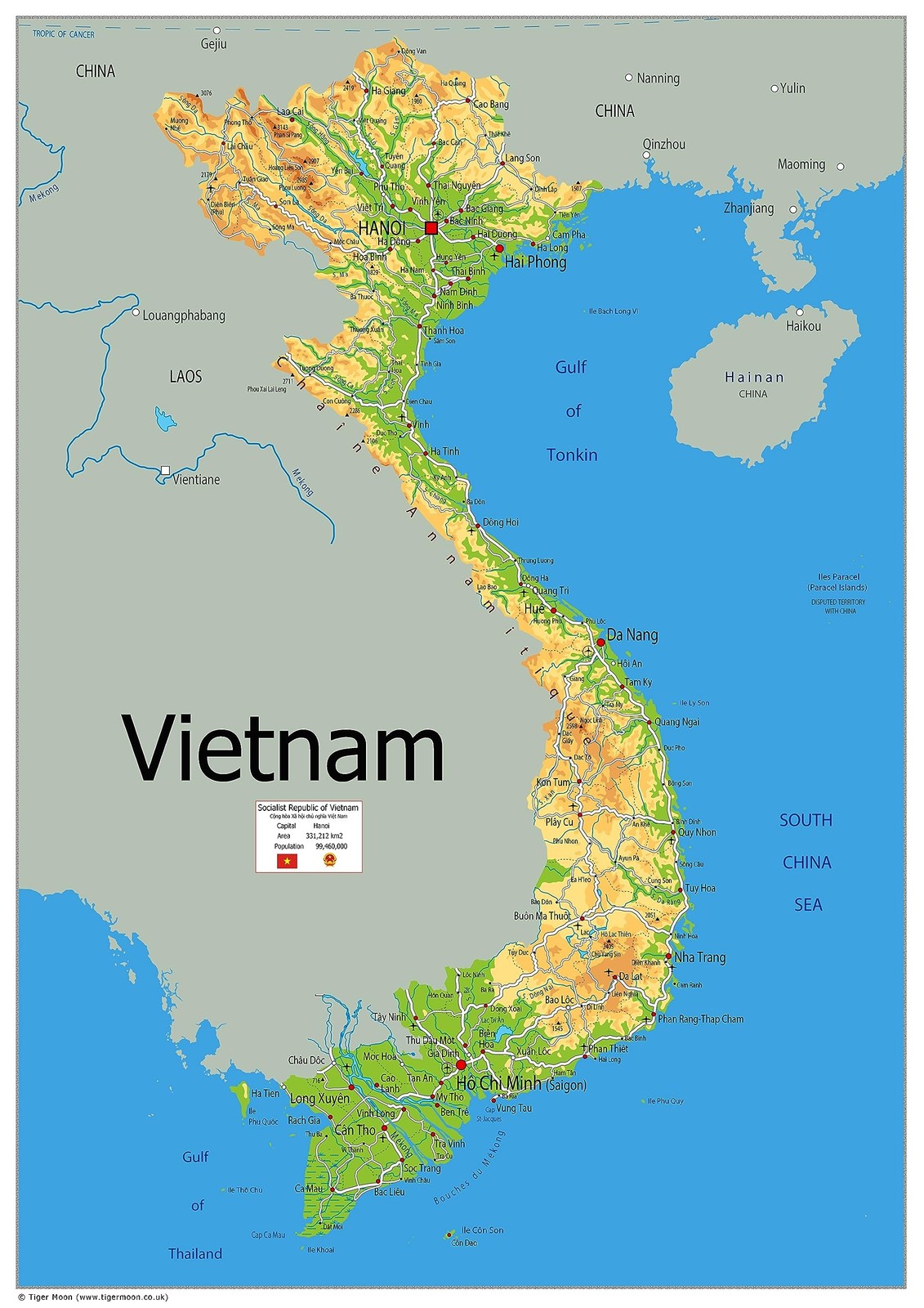 Vietnam Physical Map – 23.3 x 16.5 Inches – Paper Laminated