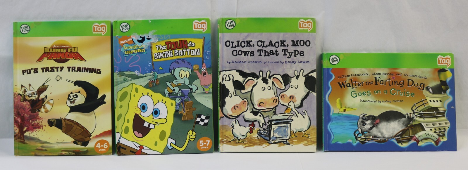 Lot 4 Leapfrog Tag Reader Books Click Clack Moo,Kung Fu Panda, Spongebob, Walter
