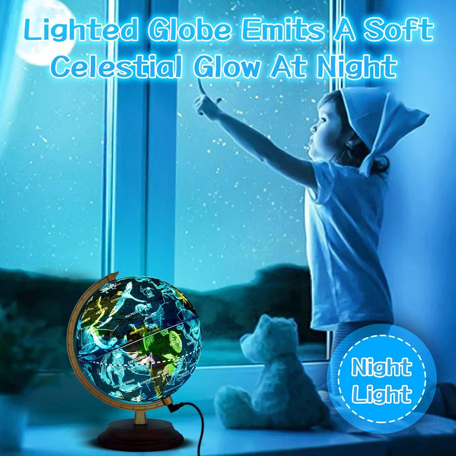 Illuminated 7-In-1 World Globe with Wooden Stand and LED for All Ages