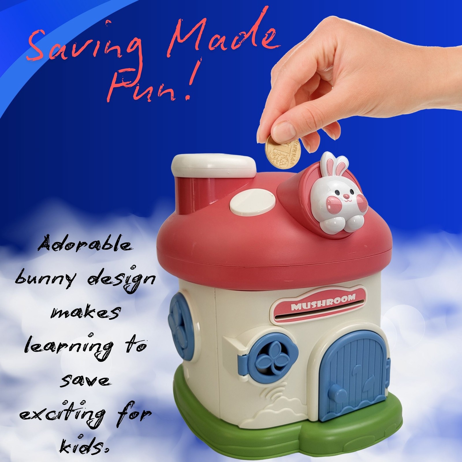 Lockable Kids Piggy Bank Mushroom Coin Box 2 Keys ASTM Non-Toxic Vinyl USA