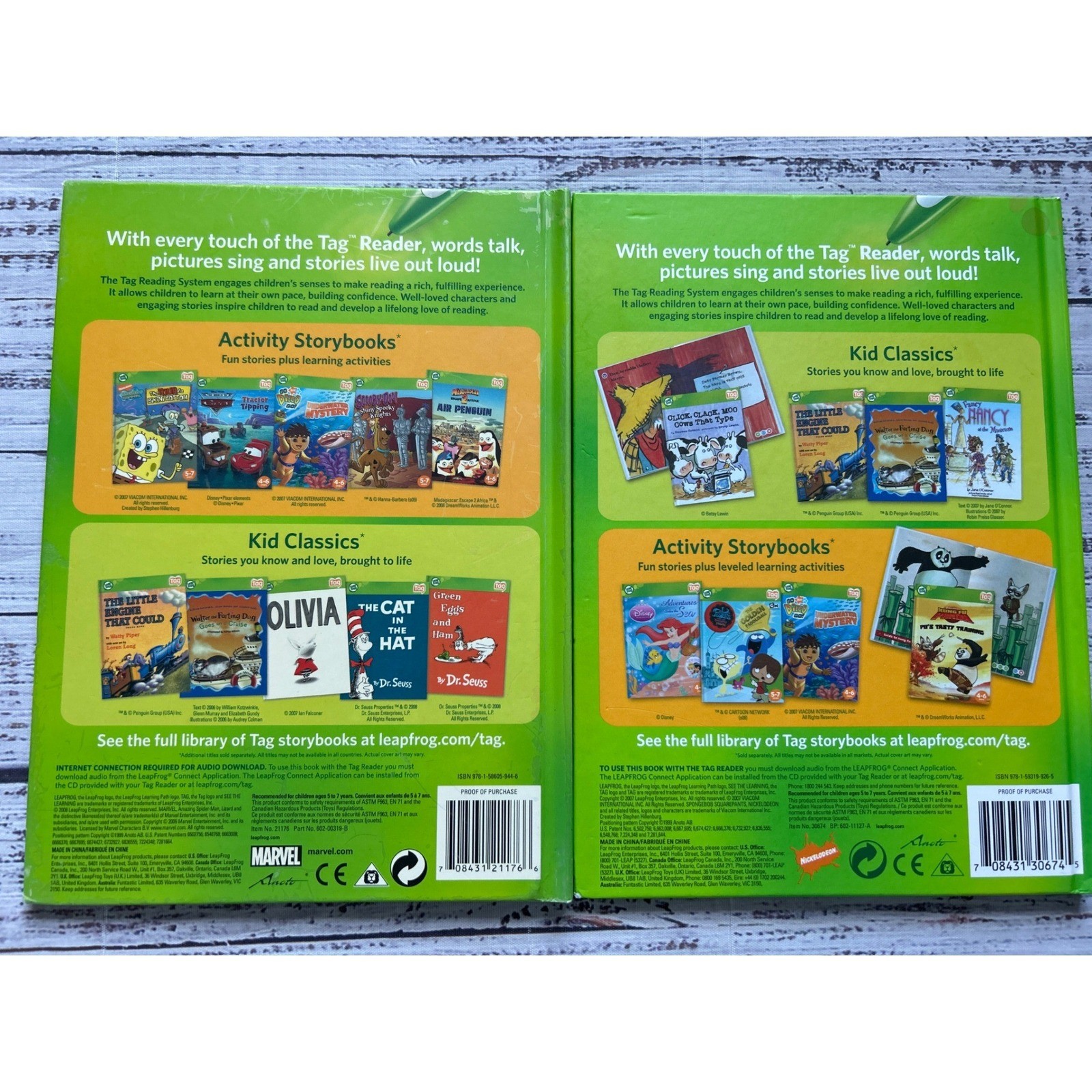 LeapFrog Tag Reading System Books Kids Green Spider-Man SpongeBob Set 2ct