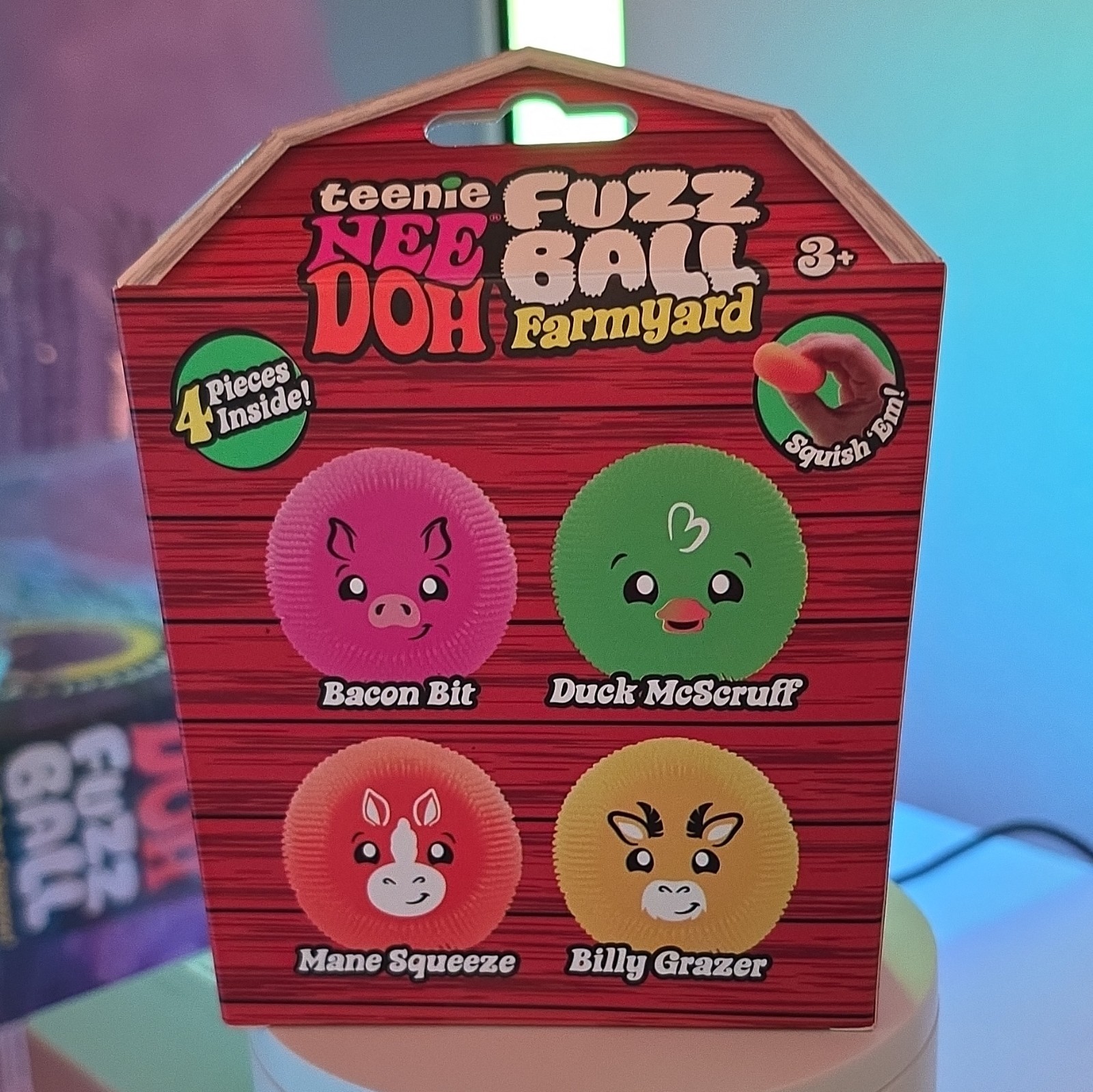 Nee Doh Teenie NeeDoh Fuzz Ball Farmyard Squeeze Toys, Multicolor 4pc, 3+