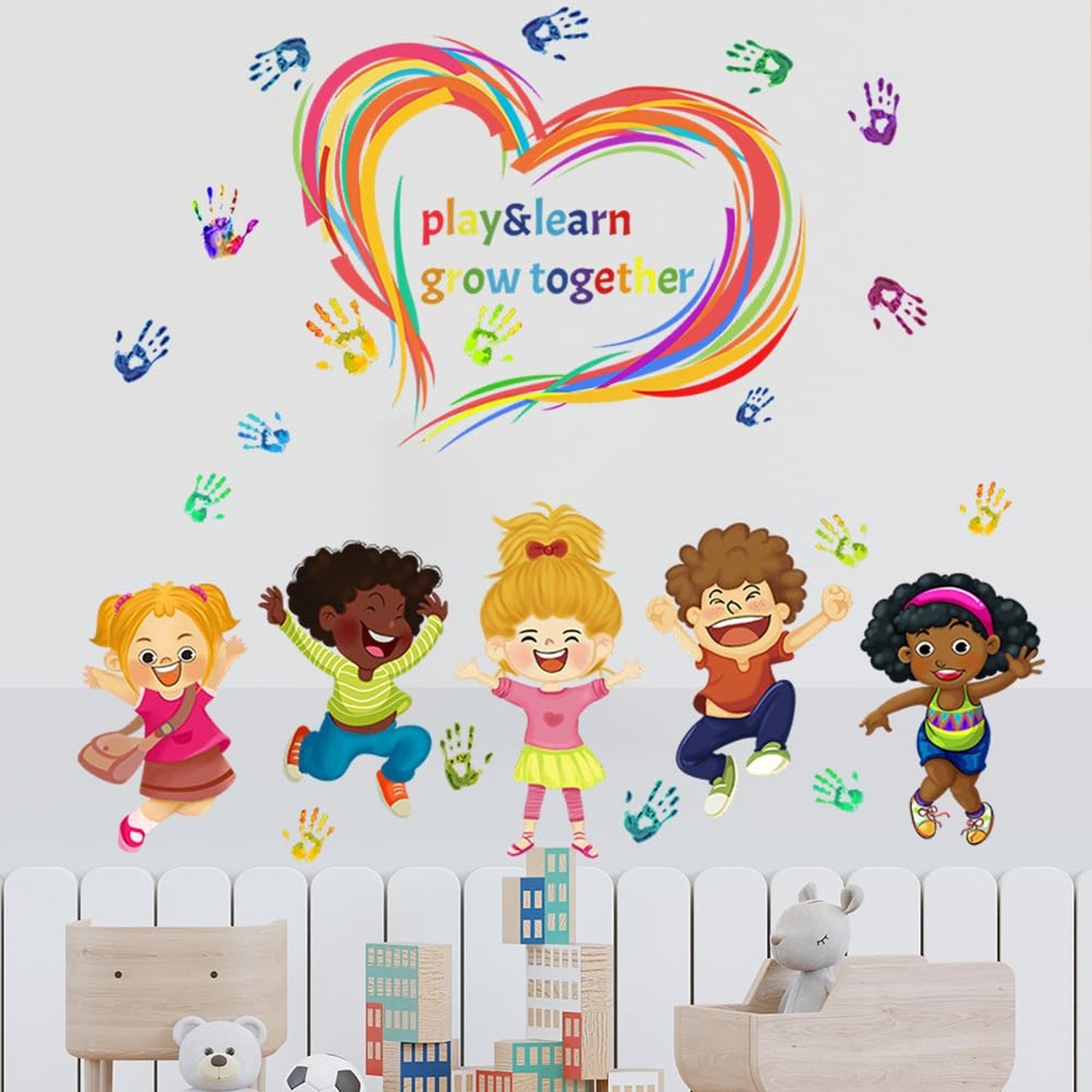 Play Learn & Grow Together Wall Decals Kids Inspirational Quotes Handprint Wa…