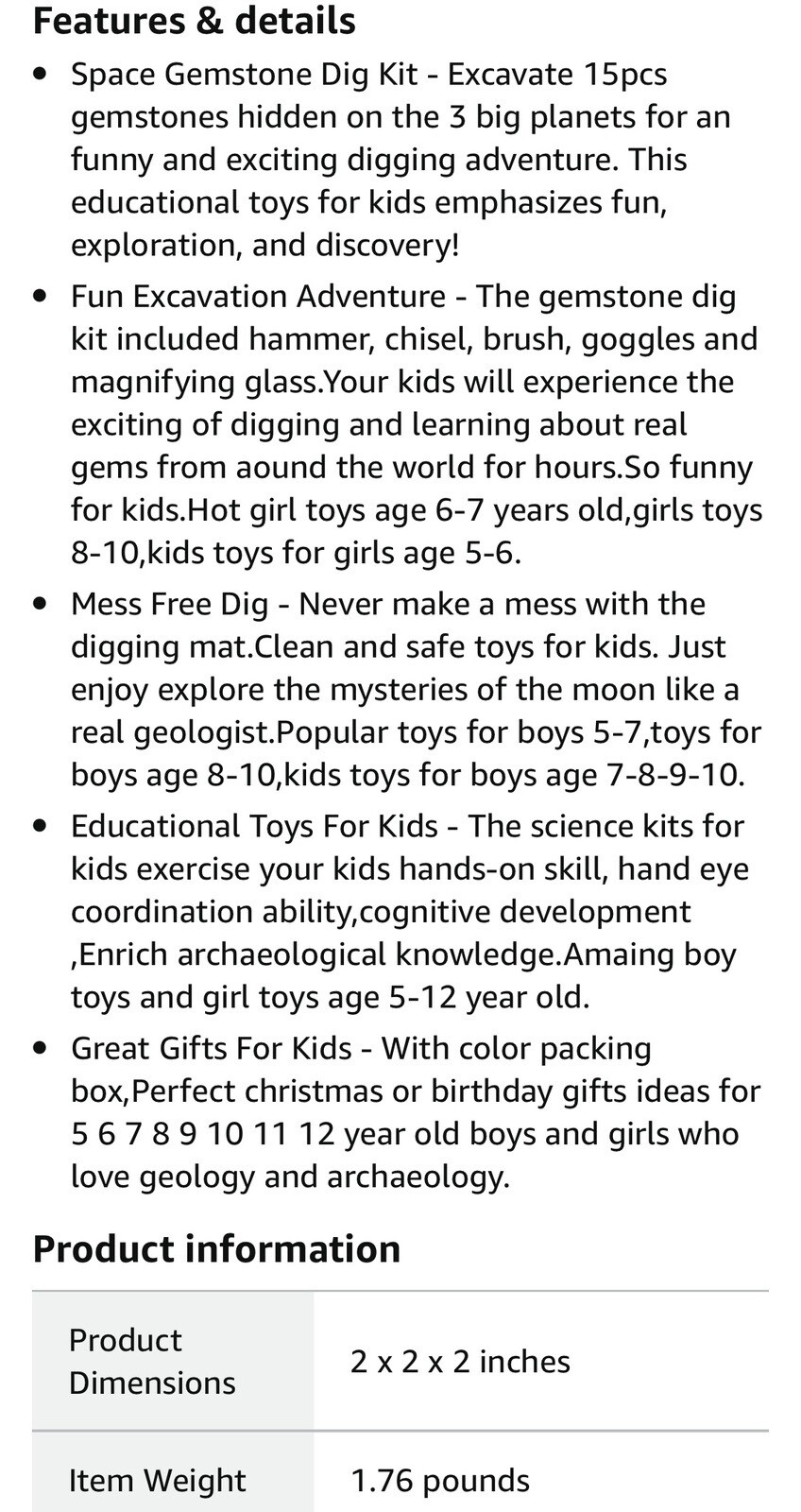 Gemstone Dig Kit, Solar System Space Toys, Find 15 Real Gemstones+crystals