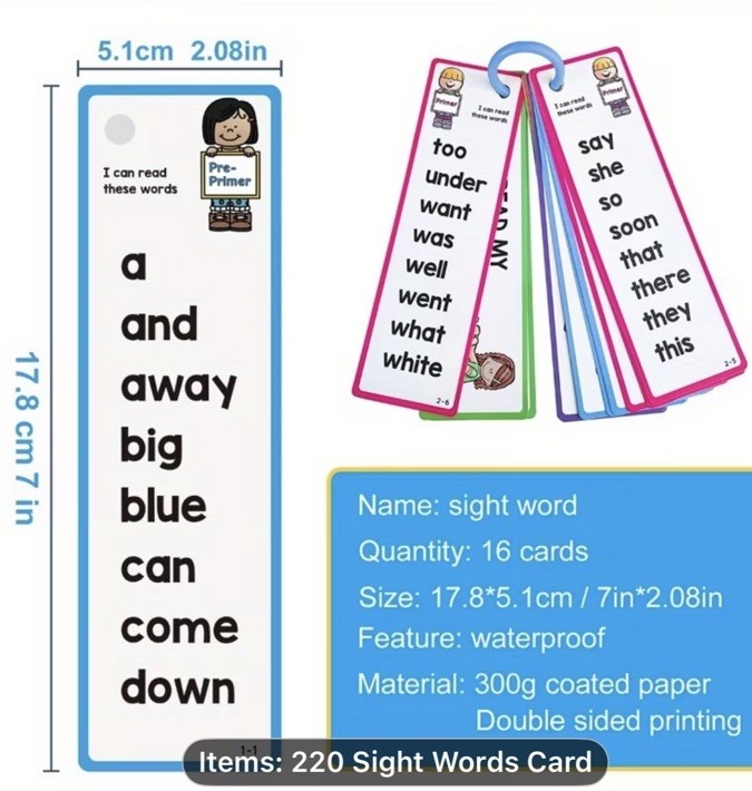 220 Sight Words Waterproof Double-Sided Educational Reading Toy Ages 4-7