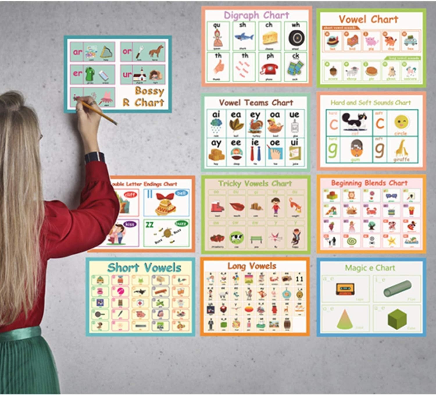 11Pcs/Set English Phonics Language Arts Skills Charts for Kids L Classroom Decor