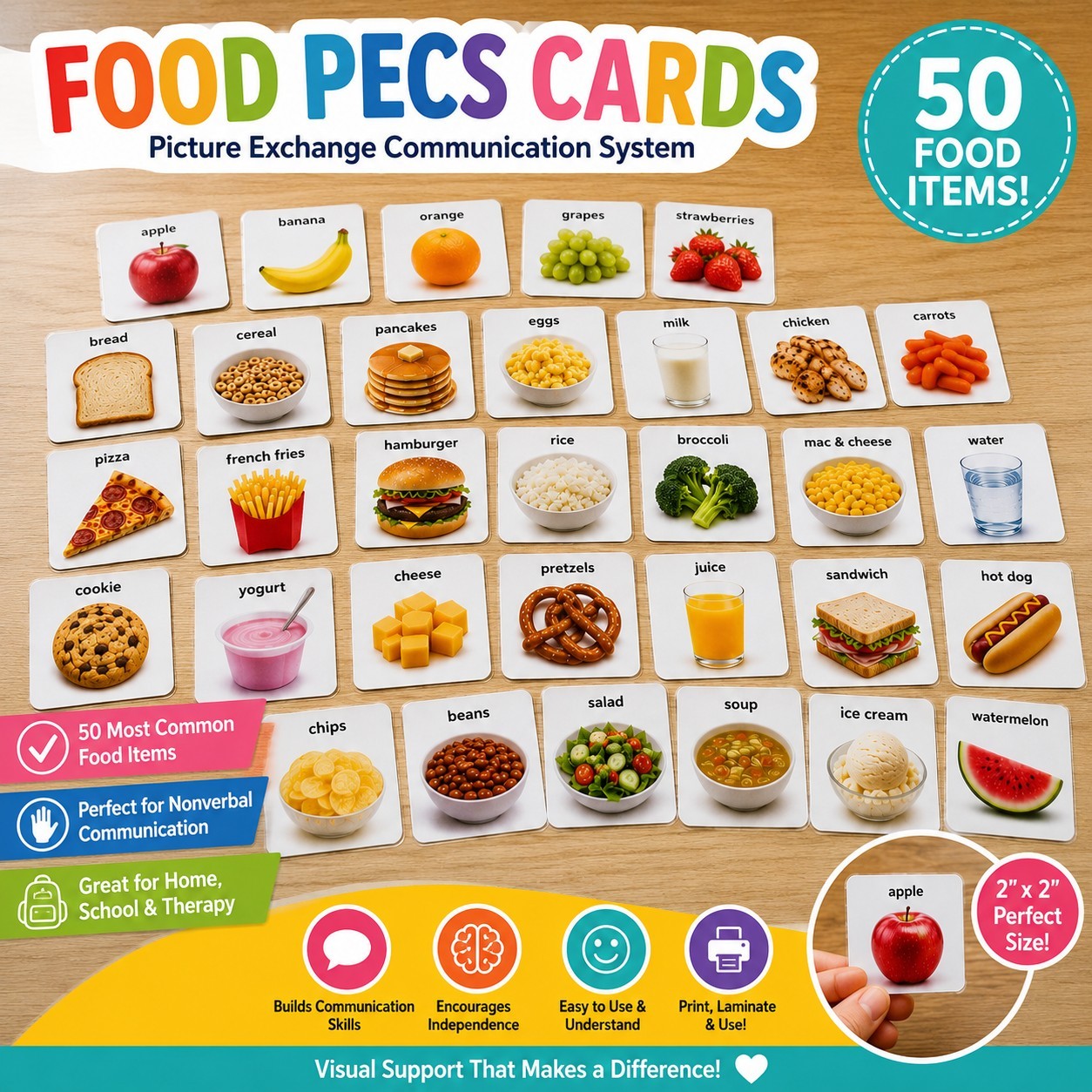 50 Food Visual Communication Cards | Autism AAC-Nonverbal Picture Cards- 2″ x 2″