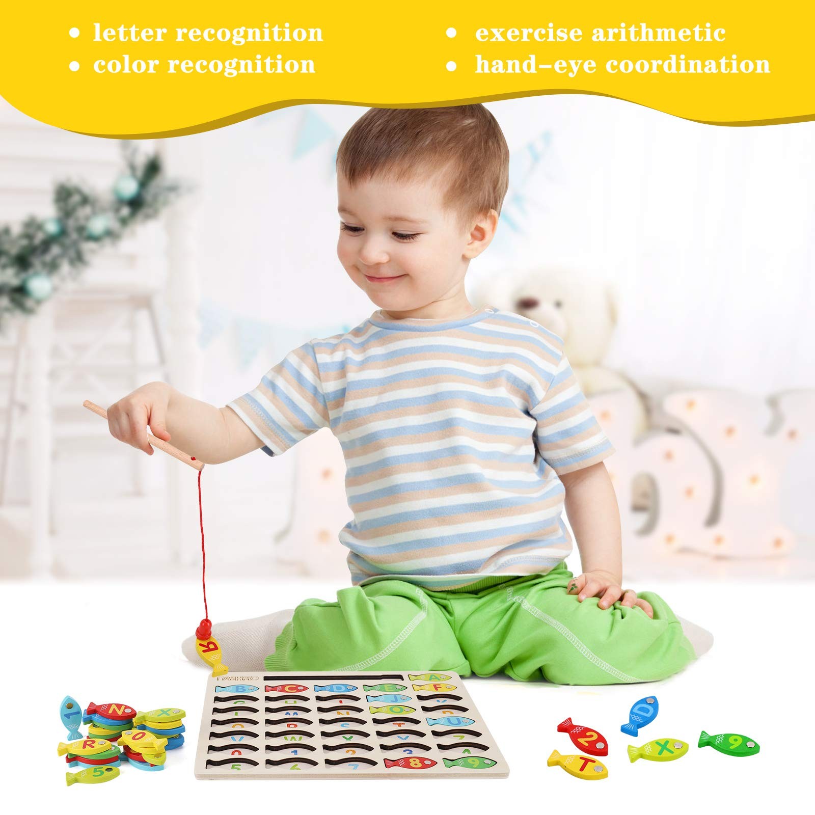 Magnetic Wooden Fishing Game Toy for Toddlers, Alphabet Medium, Multicolor