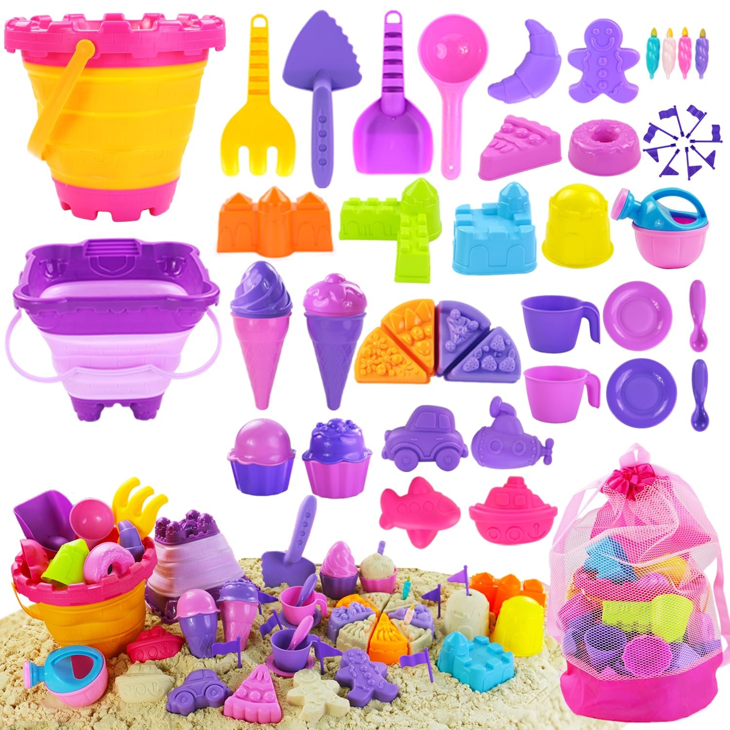 Elovien Beach Sand Toys, 50Pcs Sandbox Toys with 2 Medium, Colorful