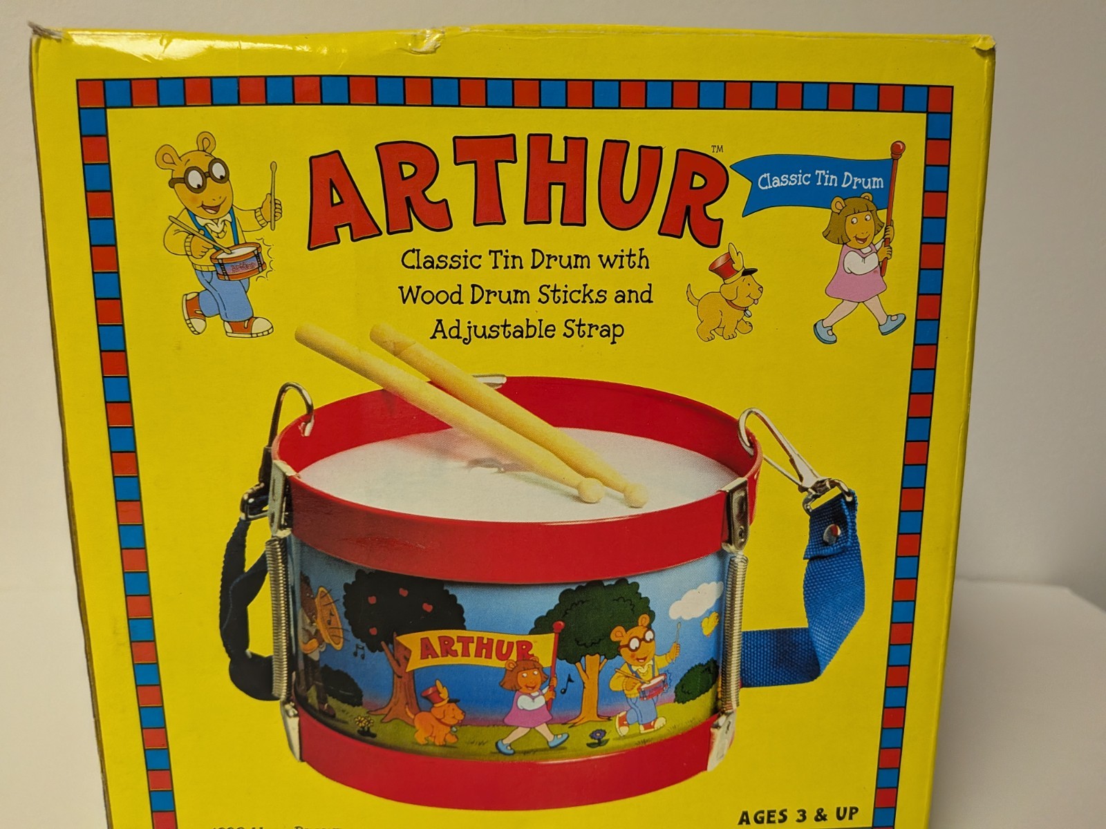 Vintage ARTHUR Schylling Tin Drum Toy w/ Drumsticks Adjustable Strap 1998 PBS
