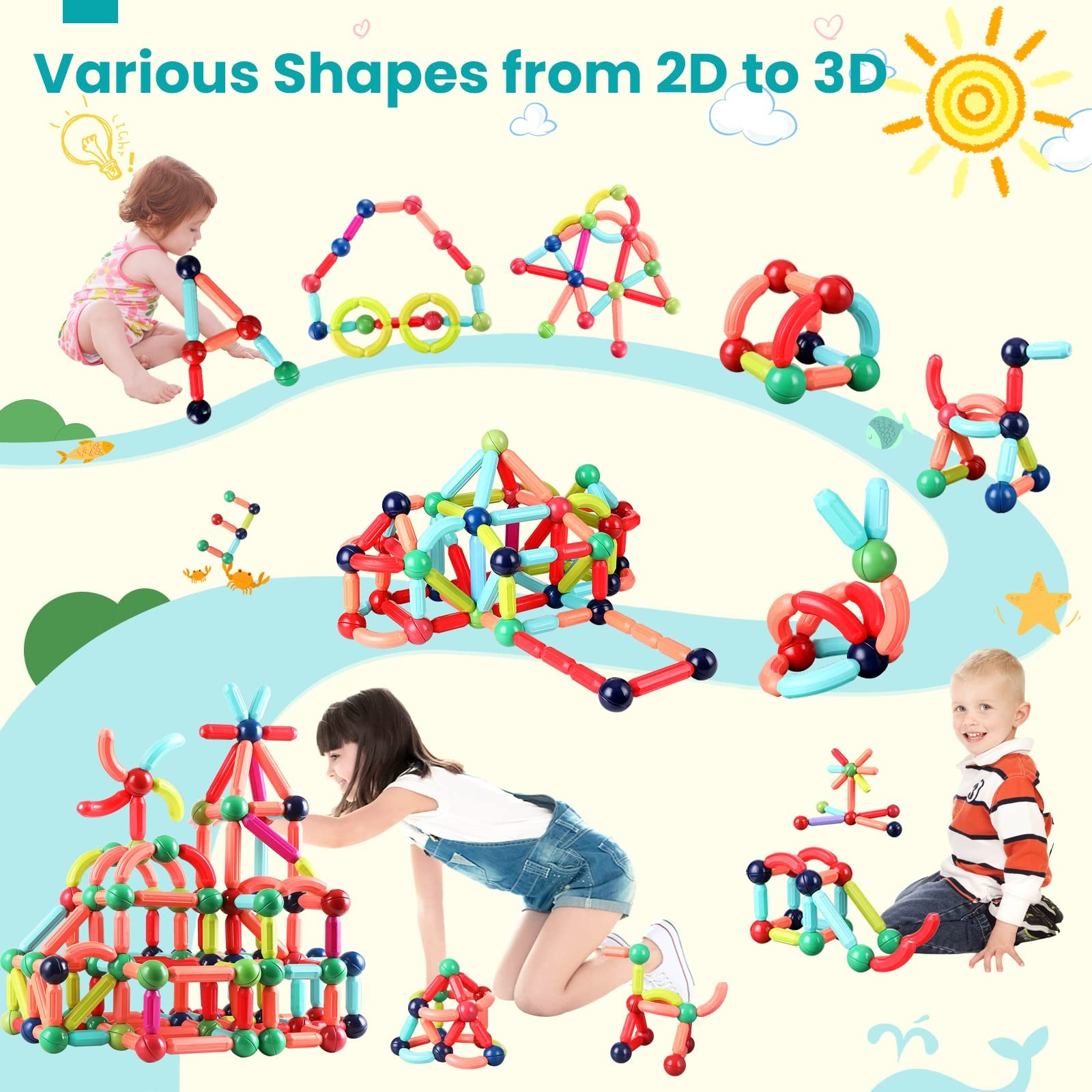 BAKAM Magnetic Building Blocks for Kids Ages 4-8, STEM 64PCS, Multicolored