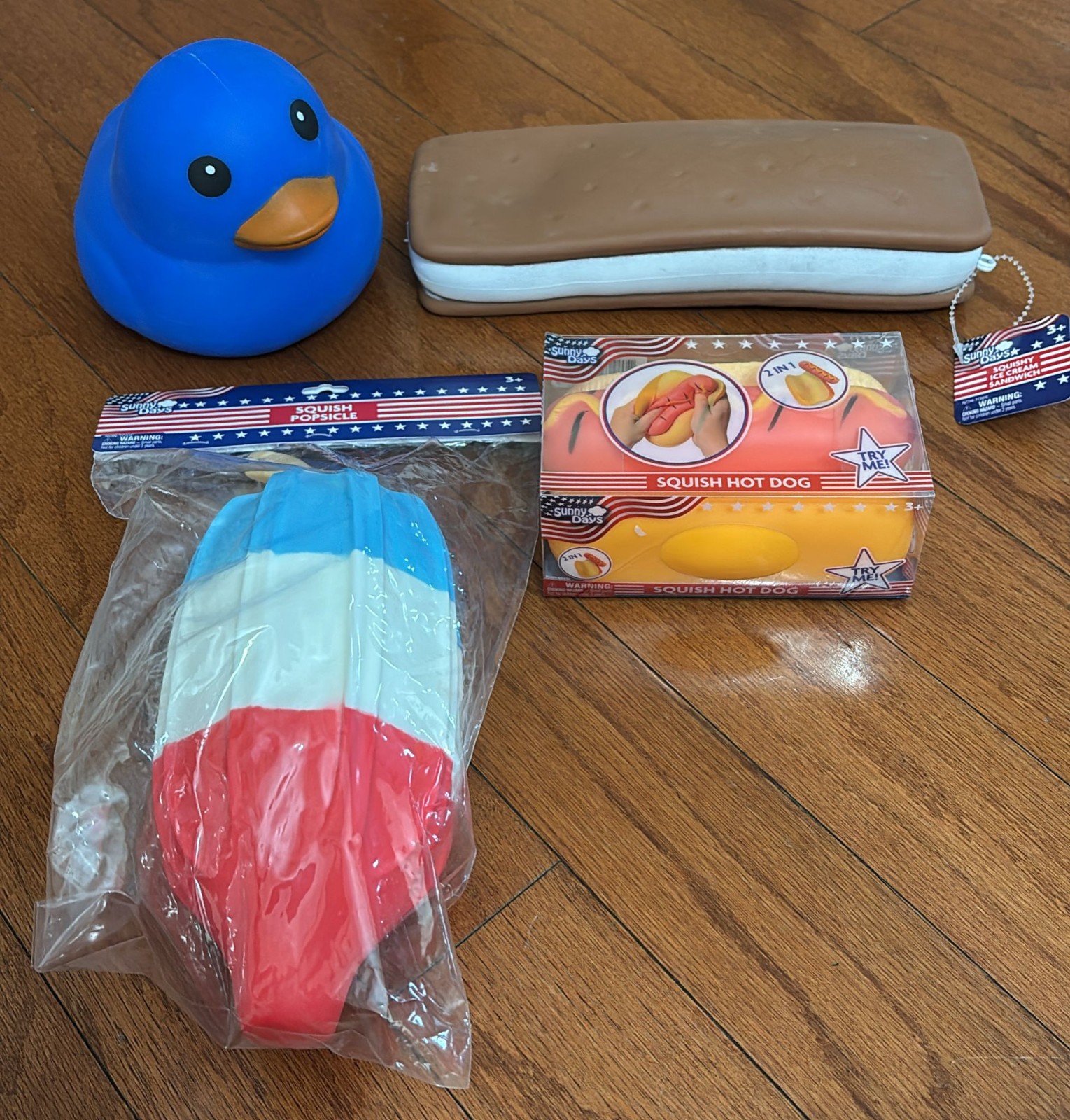 4 pcs Squishies Patriotic Hot Dog Popsicle Ice Cream Blue Duck Sunny Days