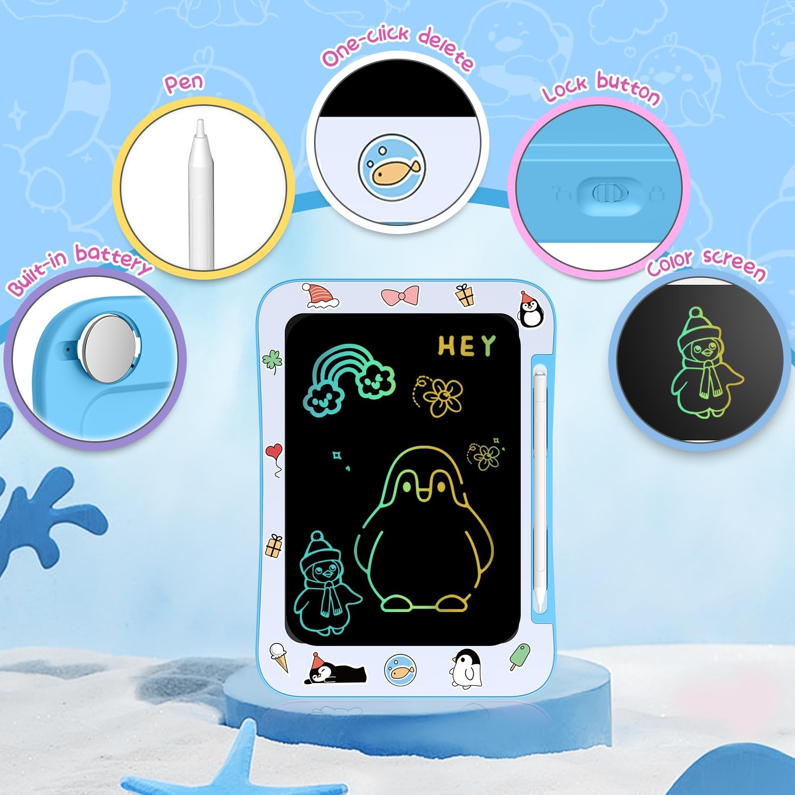 Genialba LCD Writing Tablet for Kids, Colorful Screen Drawing Board Blue