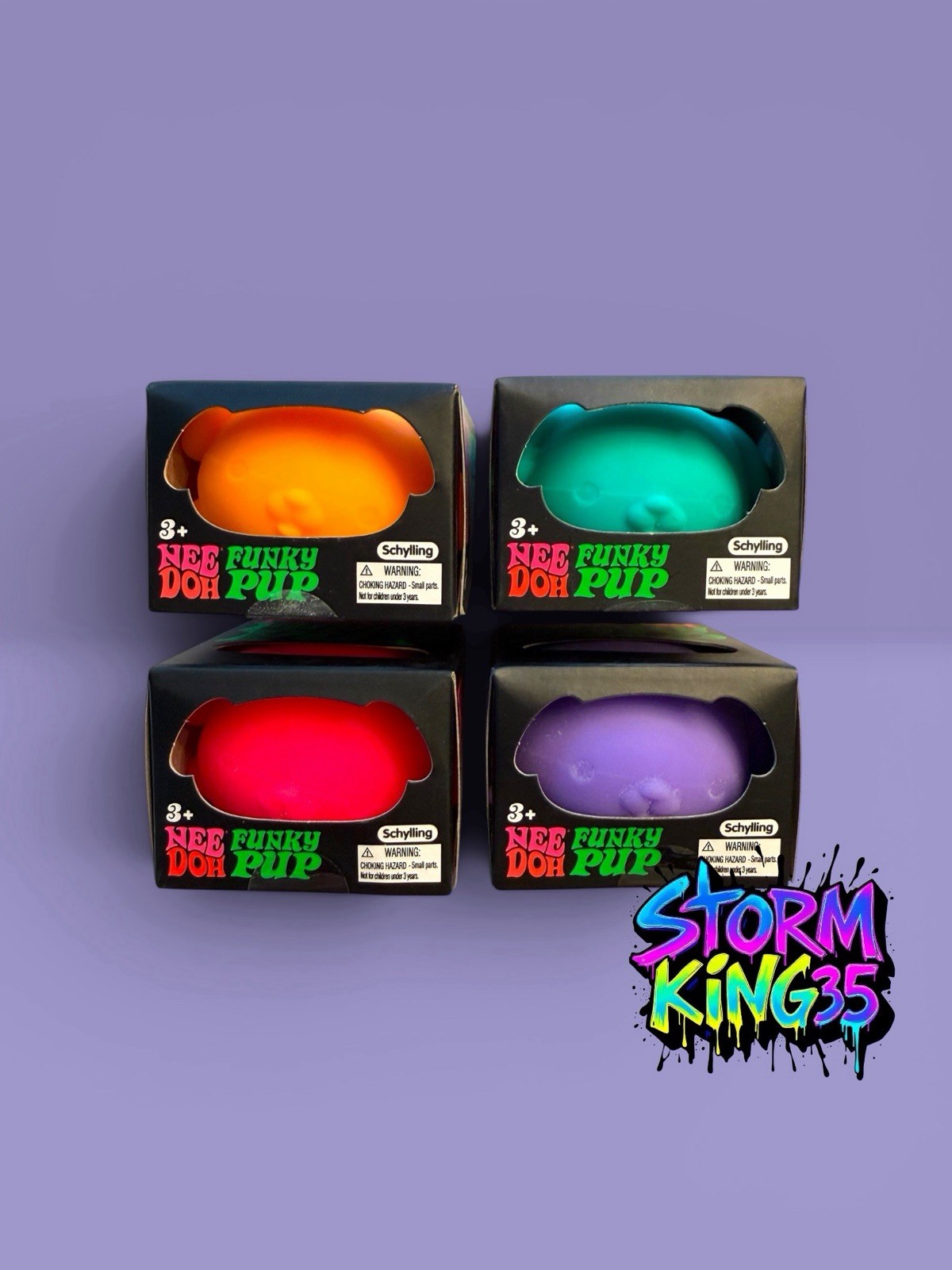 Set-of-4 Schylling Nee Doh Funky Pup Tactile Squeeze. Teal, Pink, Orange,Purple.
