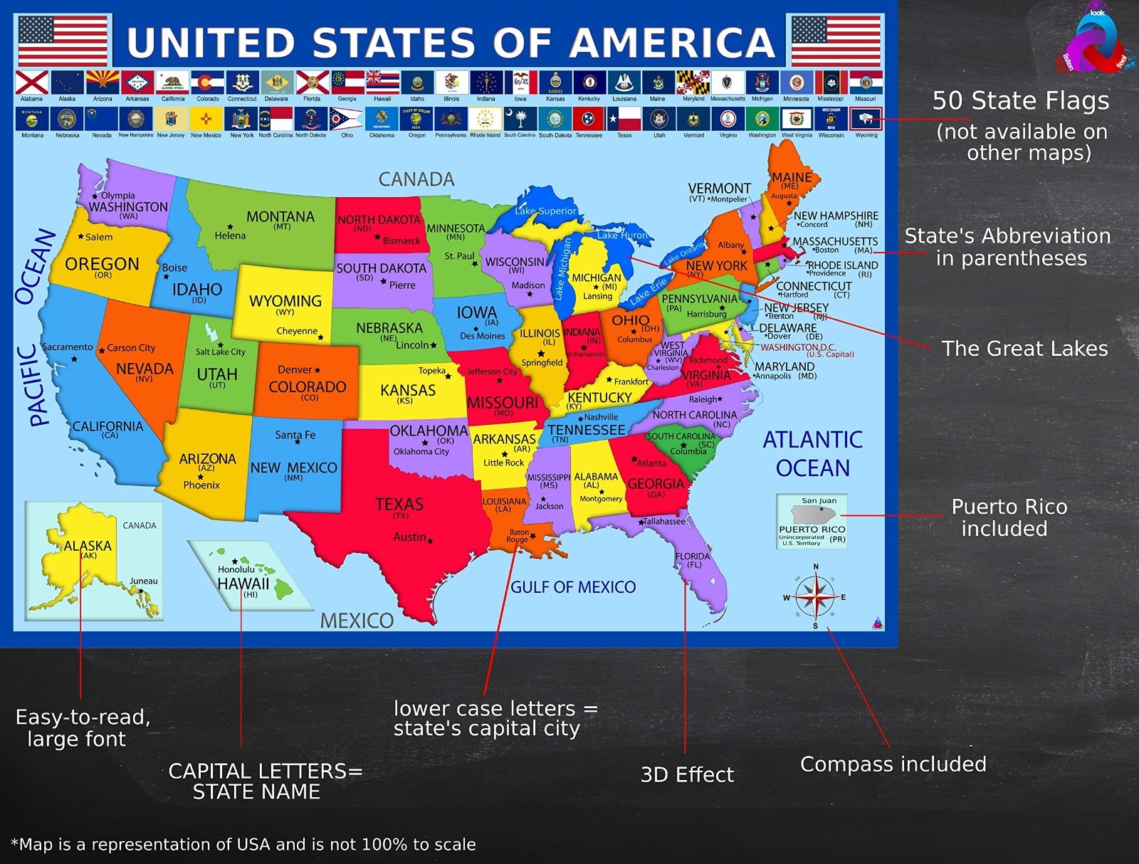 Educational World Map & US Map Poster + Solar System – Laminated 14×19.5″ – Clas