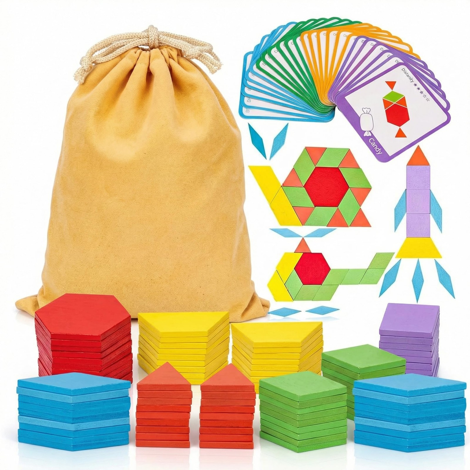 230 Pack Wooden Pattern Blocks Set Shapes Geometric Creative Building Jigsaw Toy