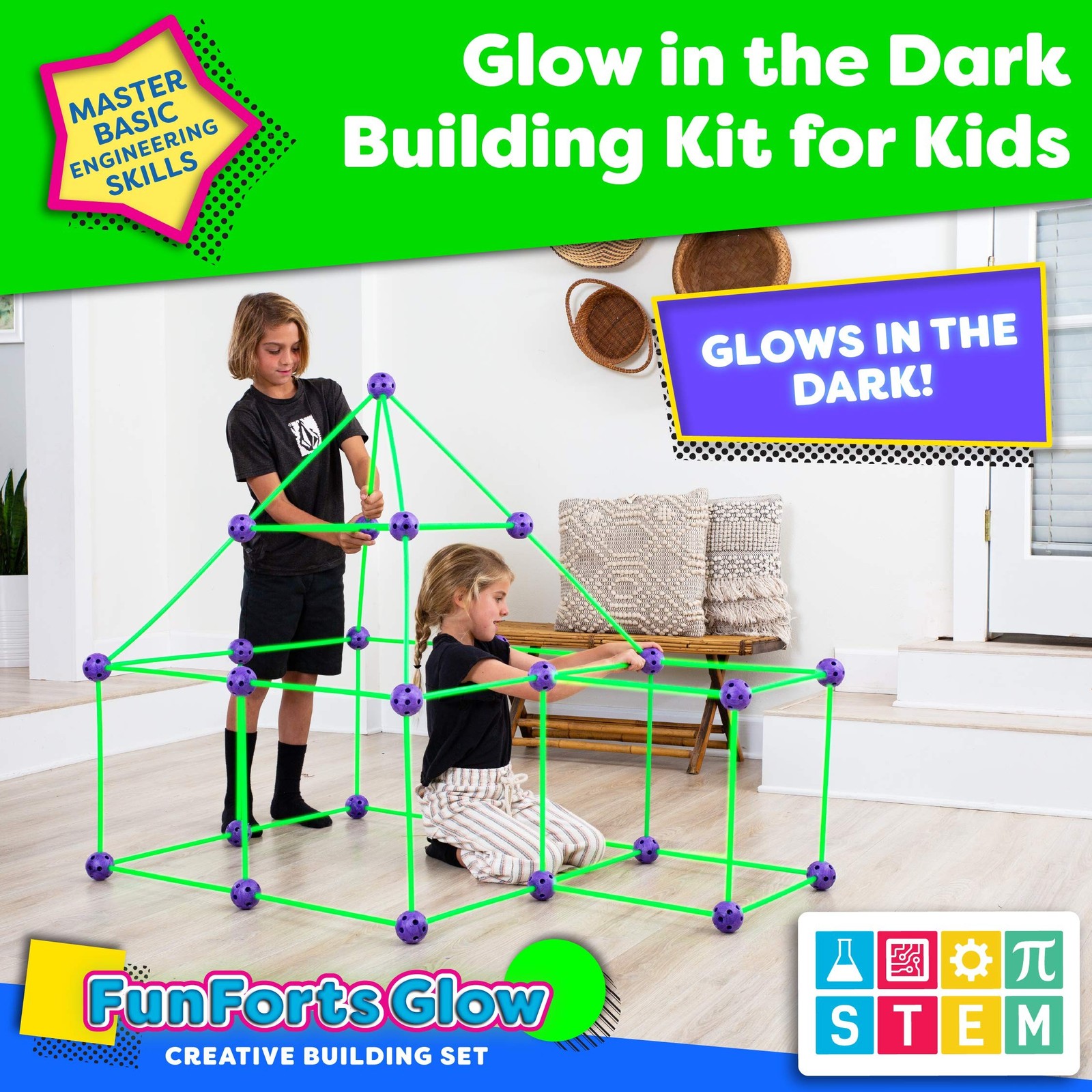 Fun Forts Glow Fort Building Kit for Kids – 81 Pack Glow in The Dark STEM Bui…