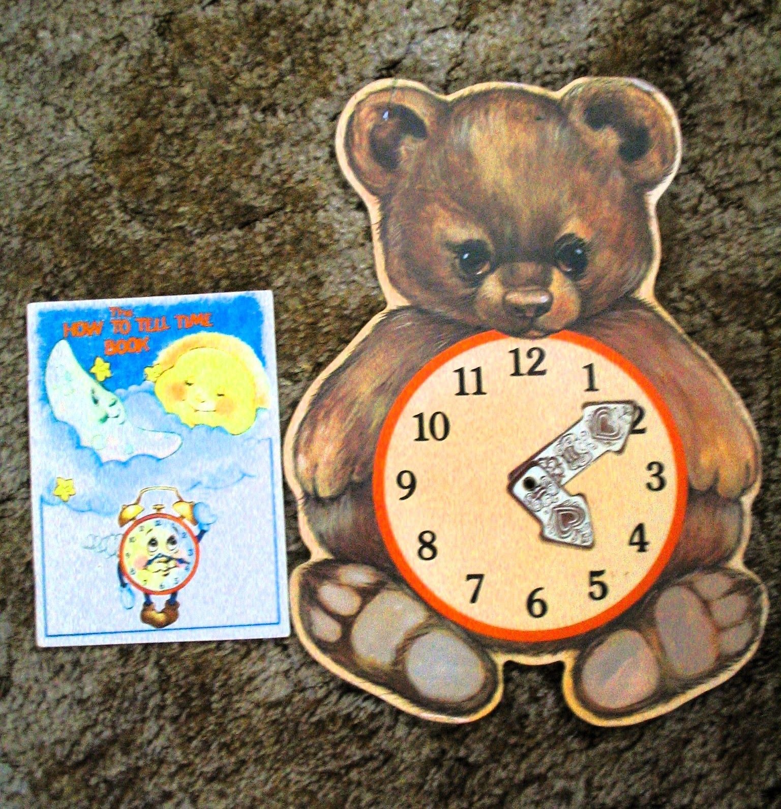 1981 Current Tick Tock Teddy Bear Cardboard Learn to Tell Time Clock w/Book