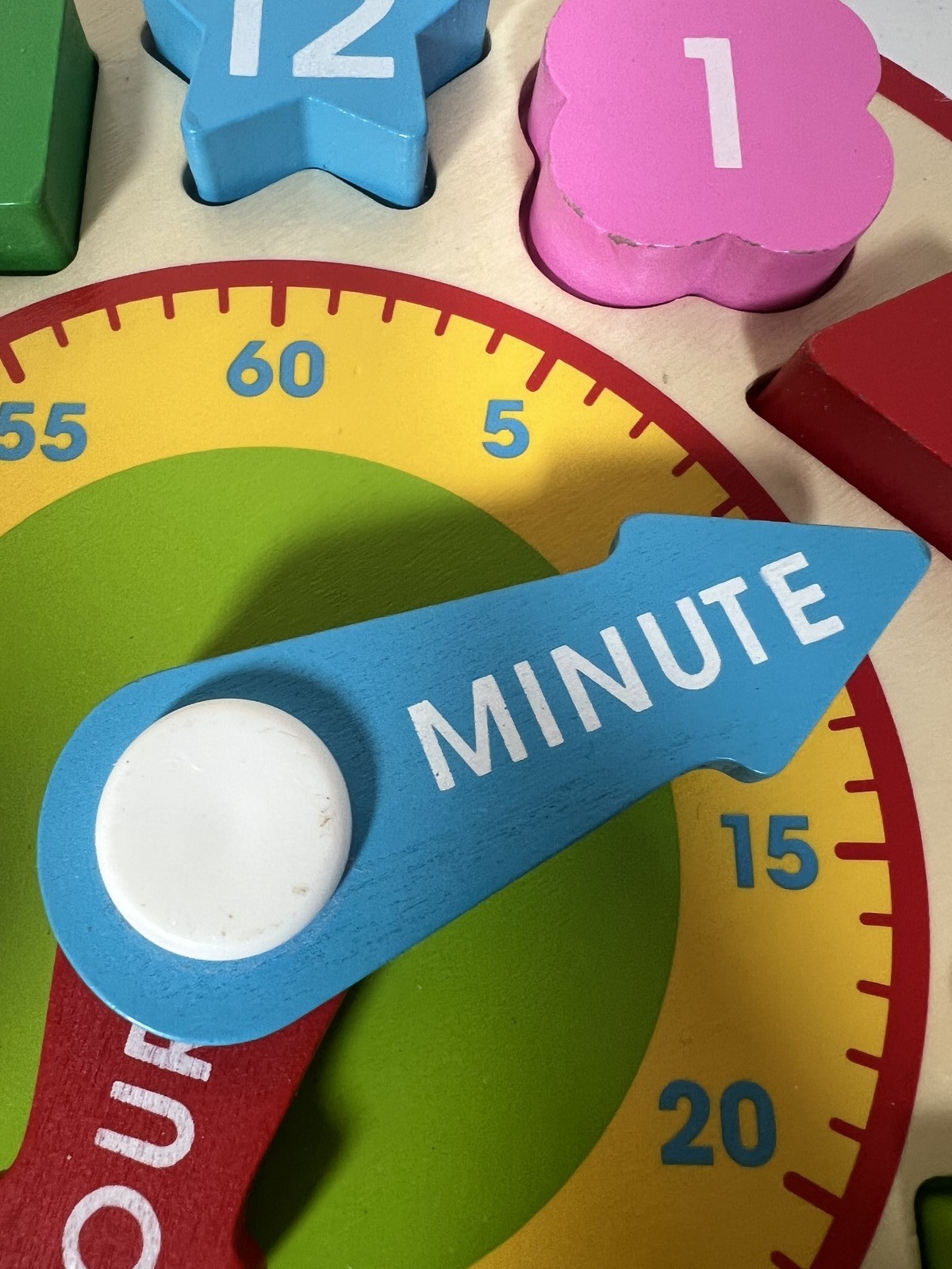 Wooden Educational Clock Puzzle Shape Sorter Telling Time Numbers Colors Kids