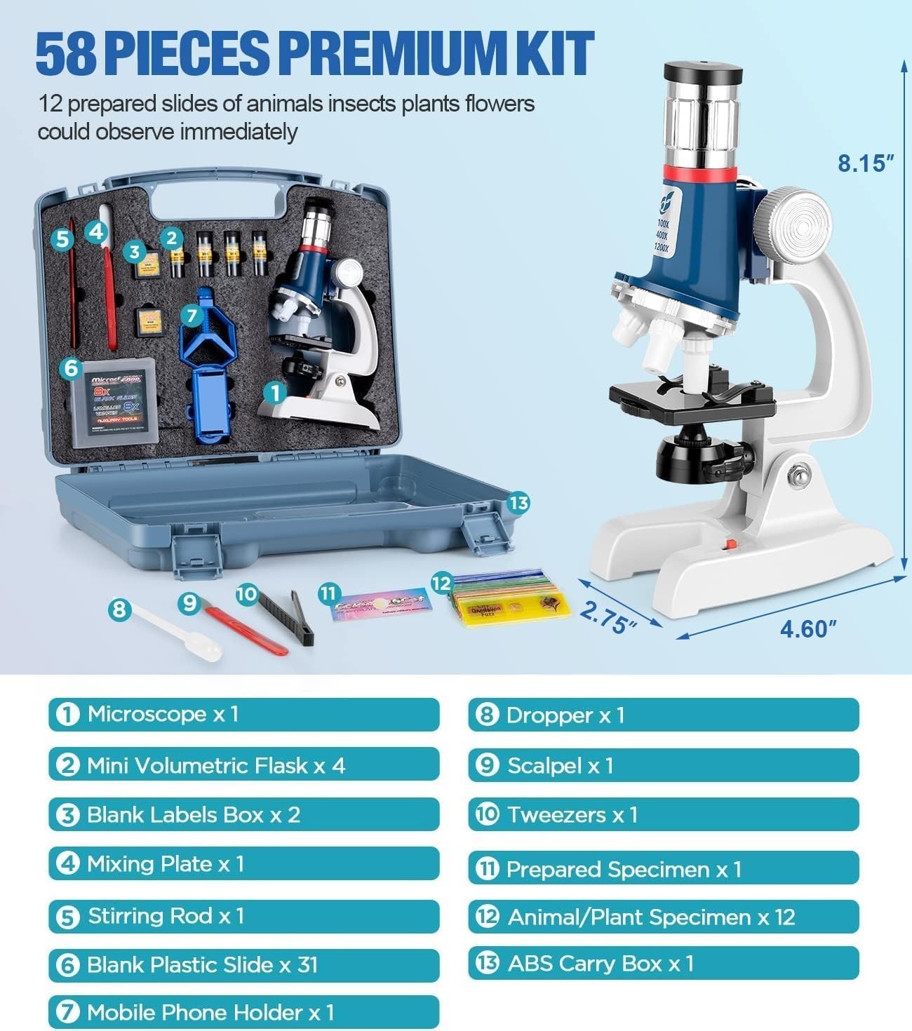 58-Piece Kids Microscope Kit – 100X-1200X Magnification, Metal Body, LED Ligh…