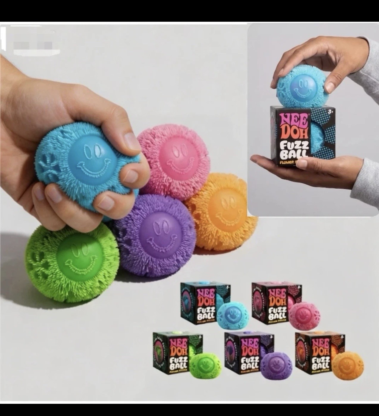 Nee Doh Fuzz Ball “Flower Power” Tactile Squeeze Stress Ball, Multicolor, 3+