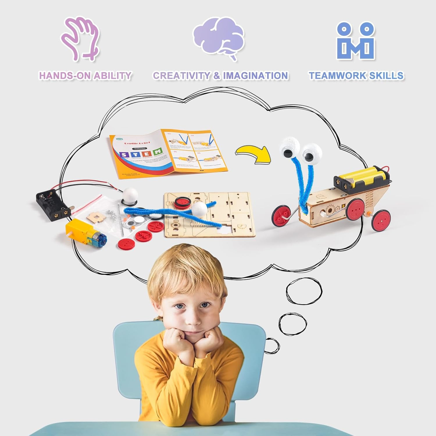 5-In-1 STEM Robot Kit for Kids Ages 8-10, Wood Building Art Crafts Kits for Boys