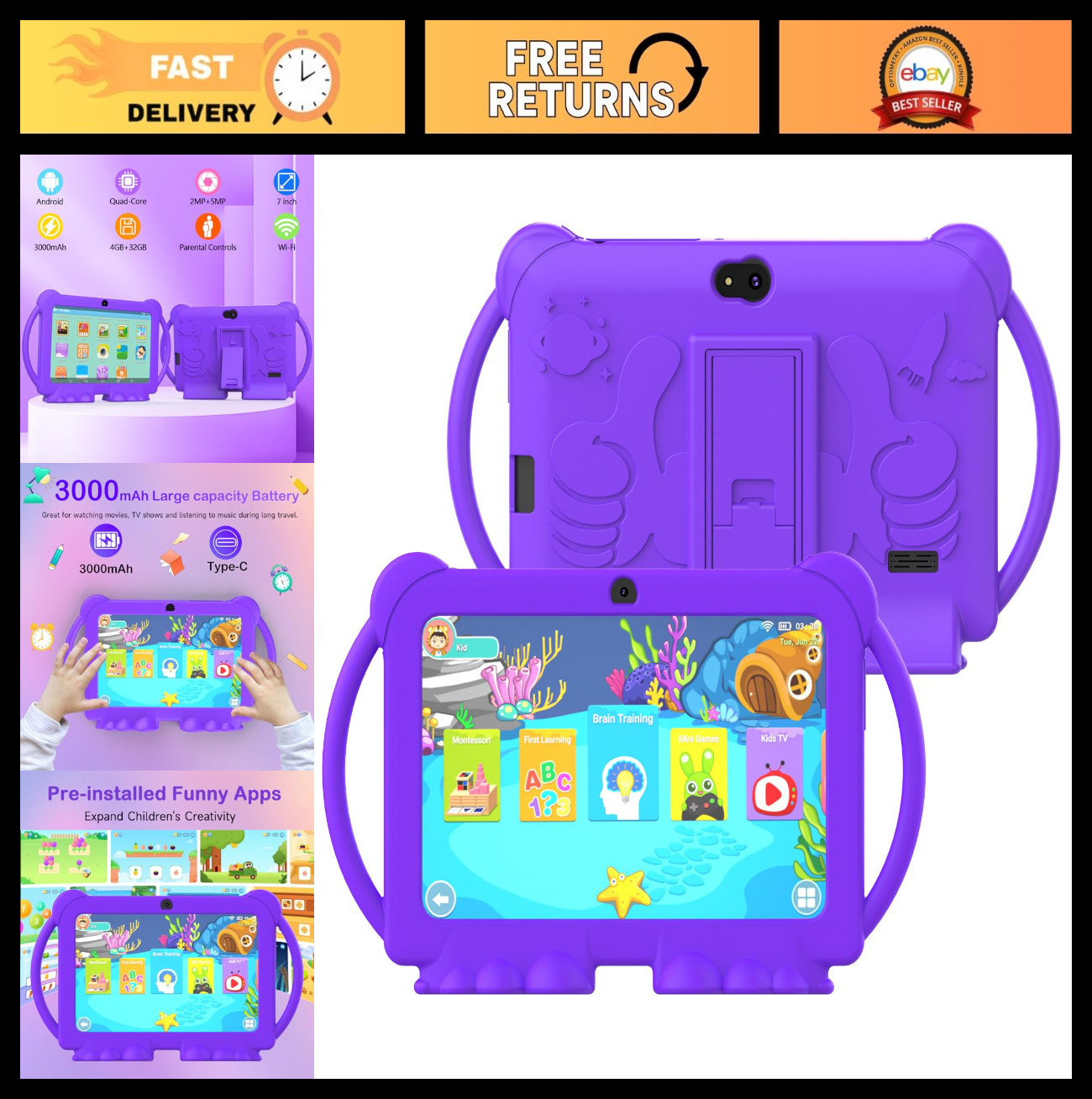 7″ Kids Tablet, 4GB+32GB, Expandable 1TB, Android, Parental Control, Dual Camera