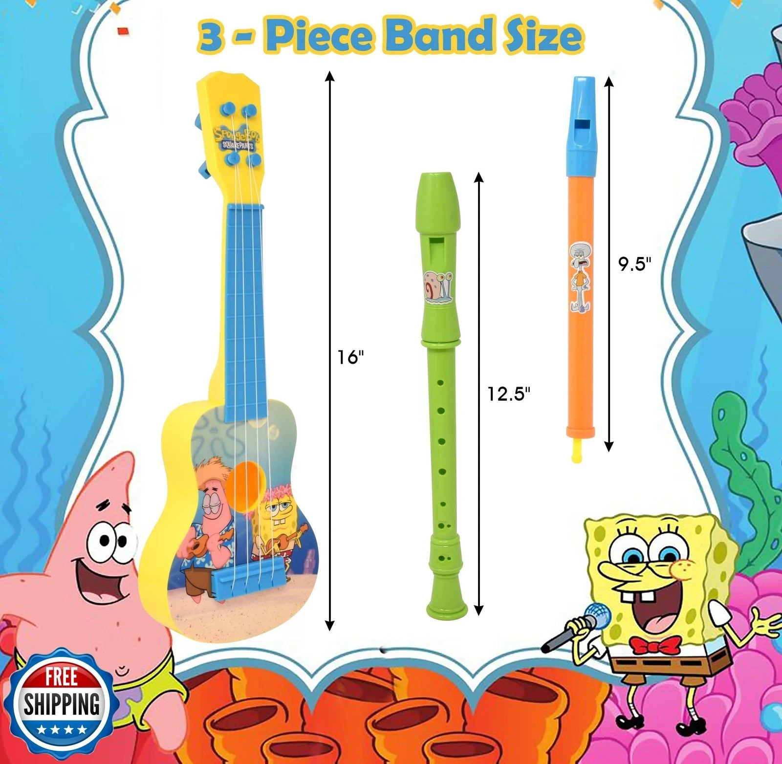 SpongeBob SquarePants 3 Piece Musical Band Toy Set for Kids Ukulele Flute Rec…