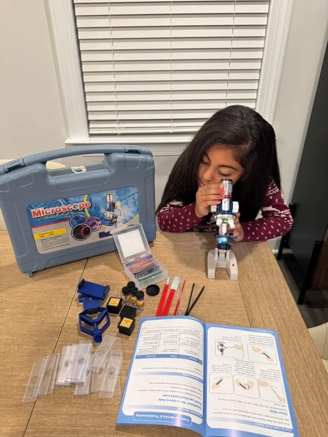 58-Piece Kids Microscope Kit – 100X-1200X Magnification, Metal Body, LED Ligh…