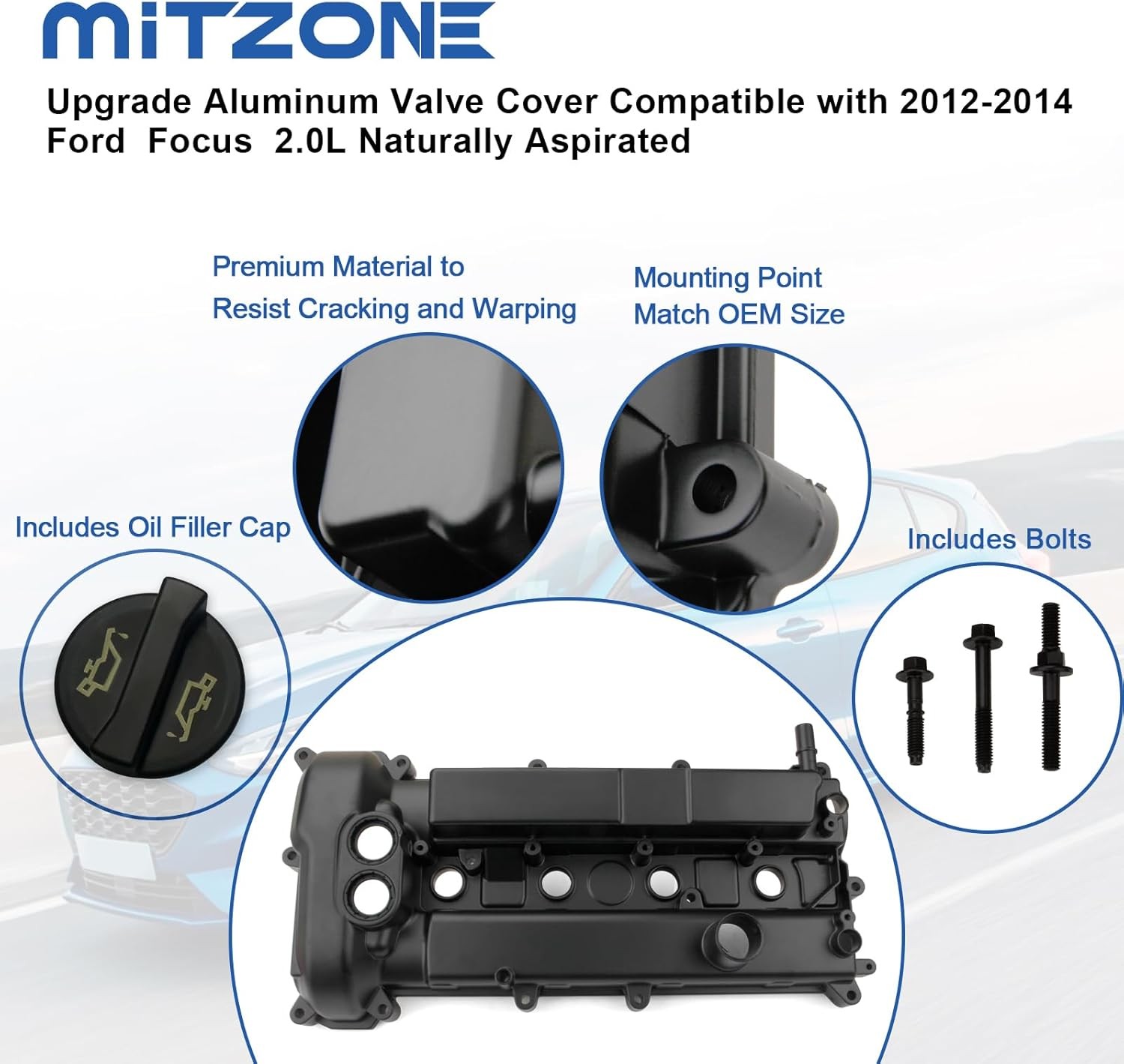 MITZONE Upgrade Aluminum Valve Cover Compatible with 2012 2013 2014 Ford Focus