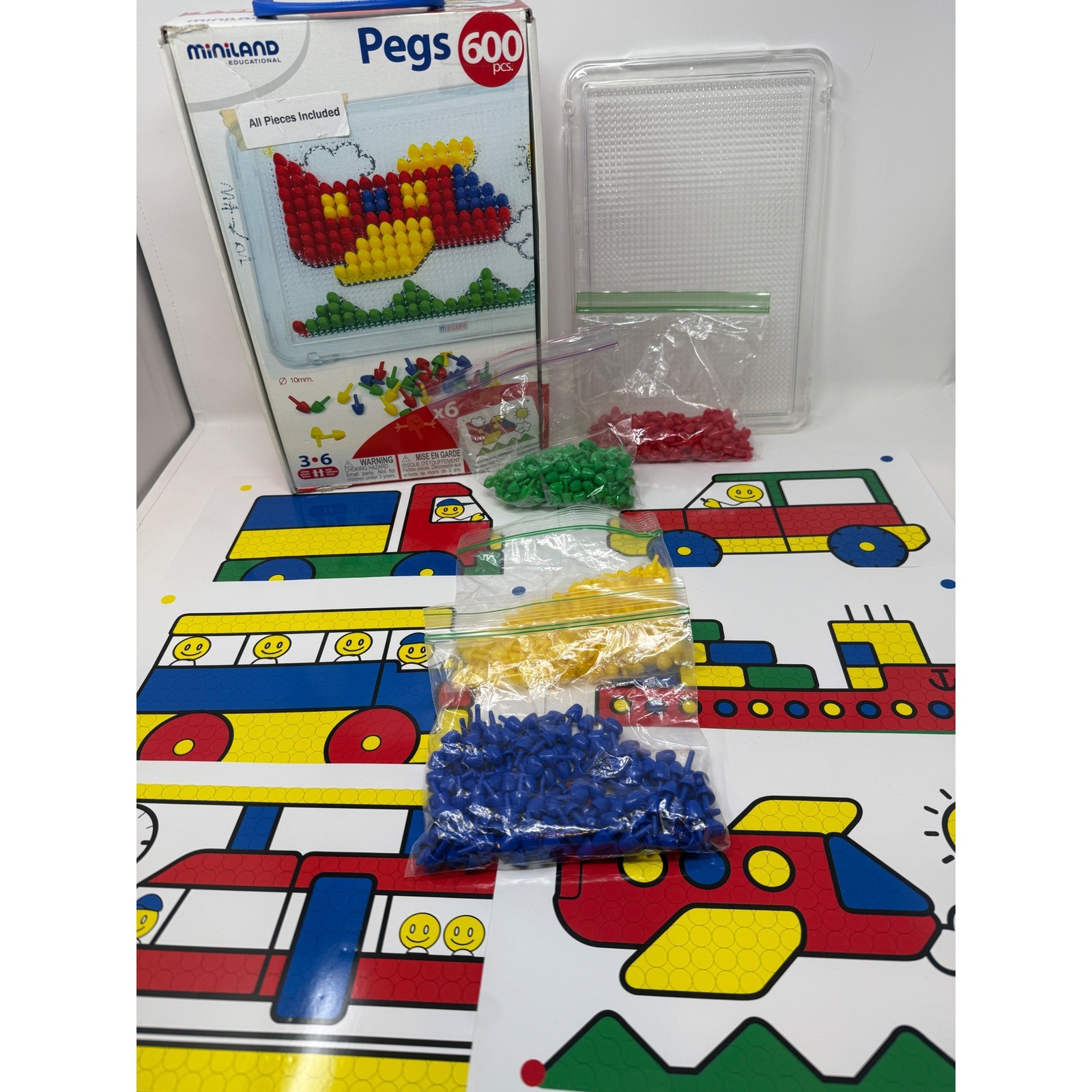 Miniland Educational Pegs 600 Pcs 10mm Mosaic Game Art Set with 6 Pattern Cards