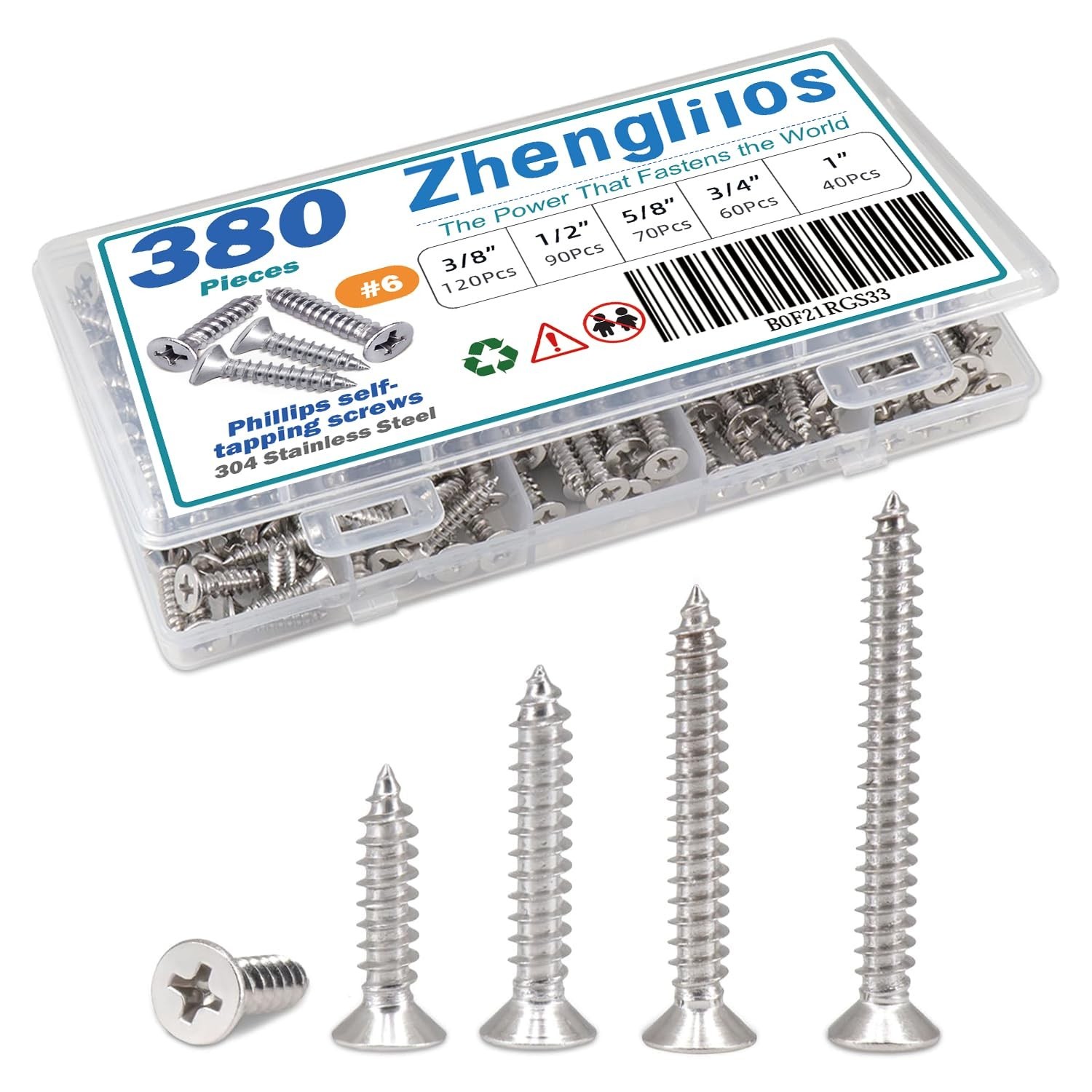 380Pcs #6 Self Tapping Screws Assortment Kit, 304 Stainless Steel Phillips Dr…