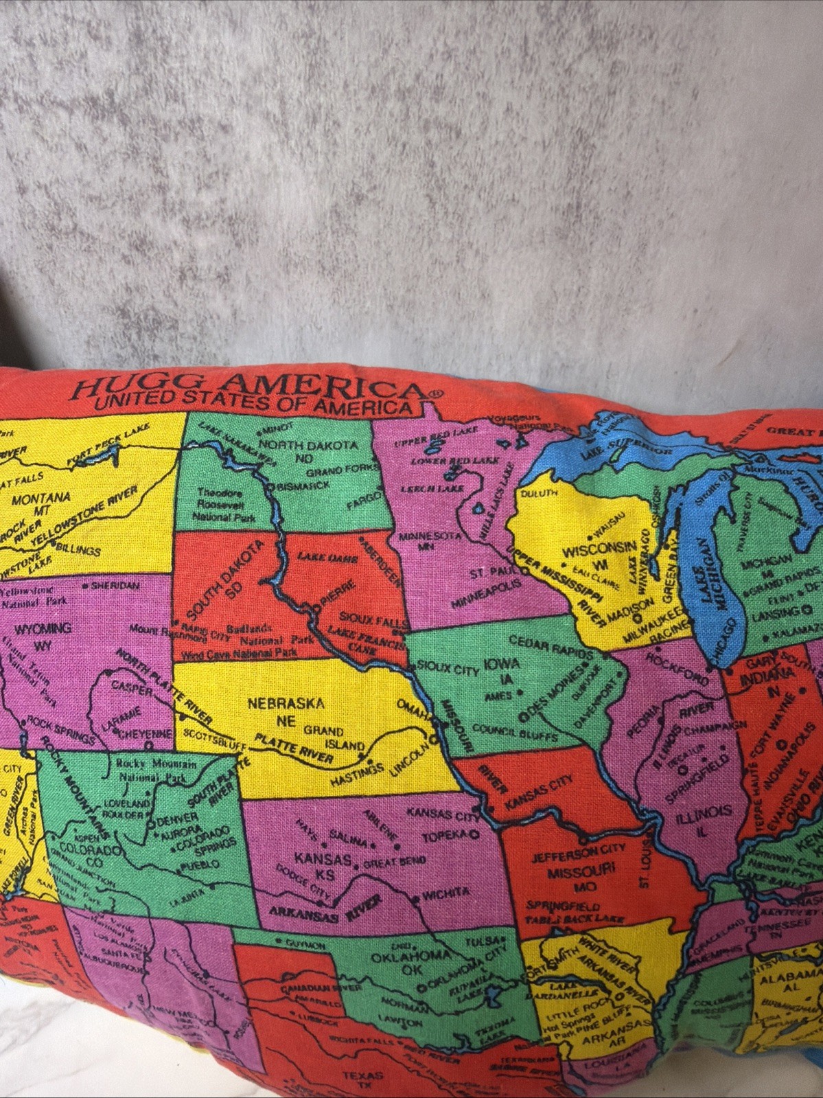 Vintage 1990 Hugg-A-Planet HUGG AMERICA Political Map Plush Pillow Educational