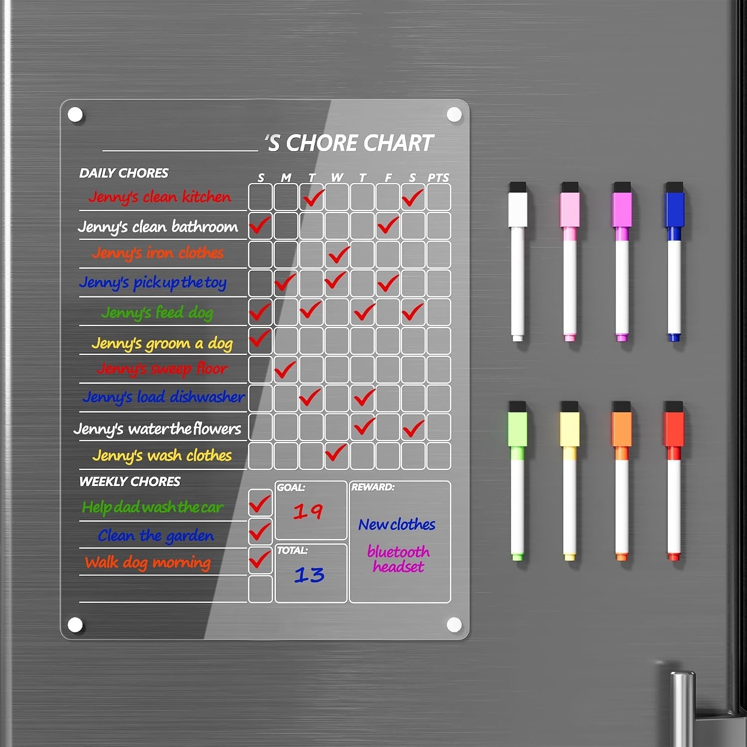 Acrylic Fridge Chore Chart w/ 8 Color Markers – 12″x9″ Easy Erasing Board