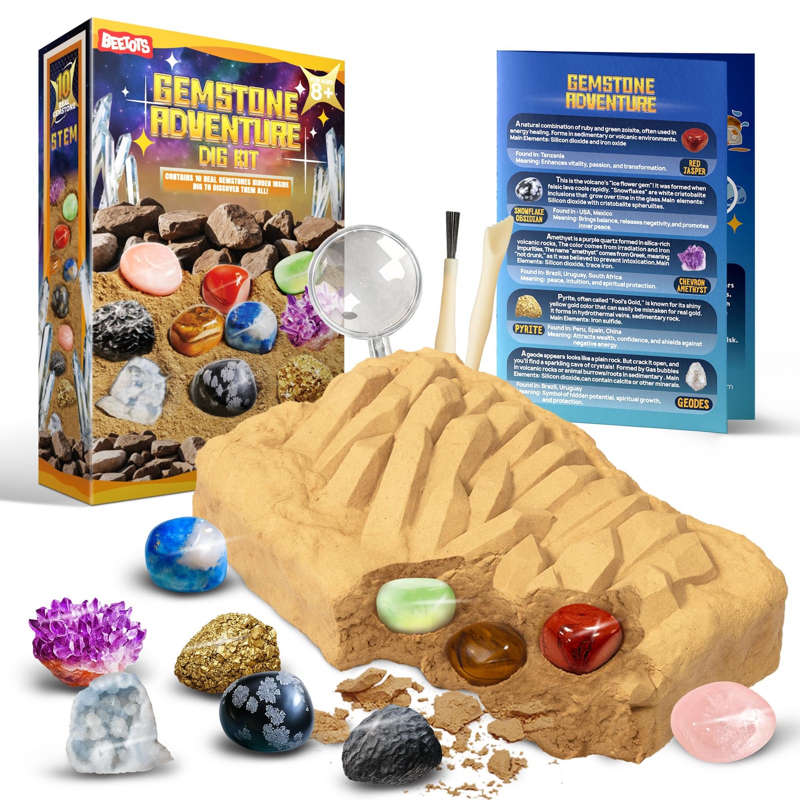 Gemstone Dig Kit for Kids with 2 Tools, Excavate 10 Real Gems, STEM Science M…