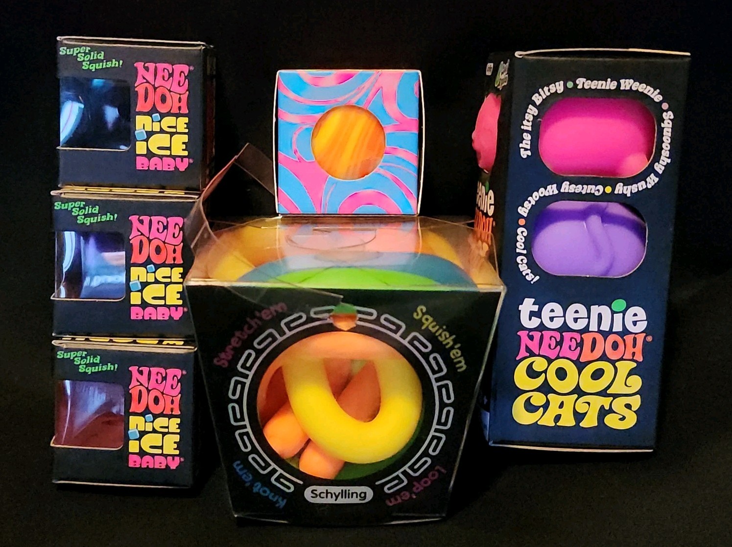 Schylling Teenie NeeDoh Bundle Cool Cats 3Pk 3 NIce Cube Baby SwirlBall Noodlies